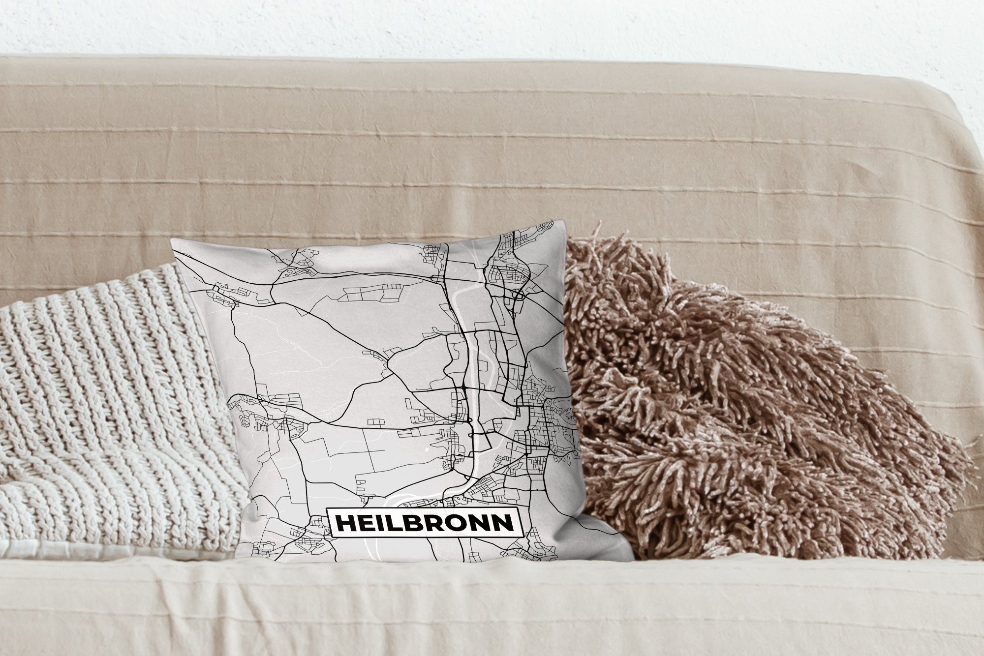 für Wohzimmer, Heilbronn, Sofakissen Füllung - Stadtplan - - MuchoWow mit Deko, Zierkissen Schlafzimmer, Dekokissen Karte Deutschland