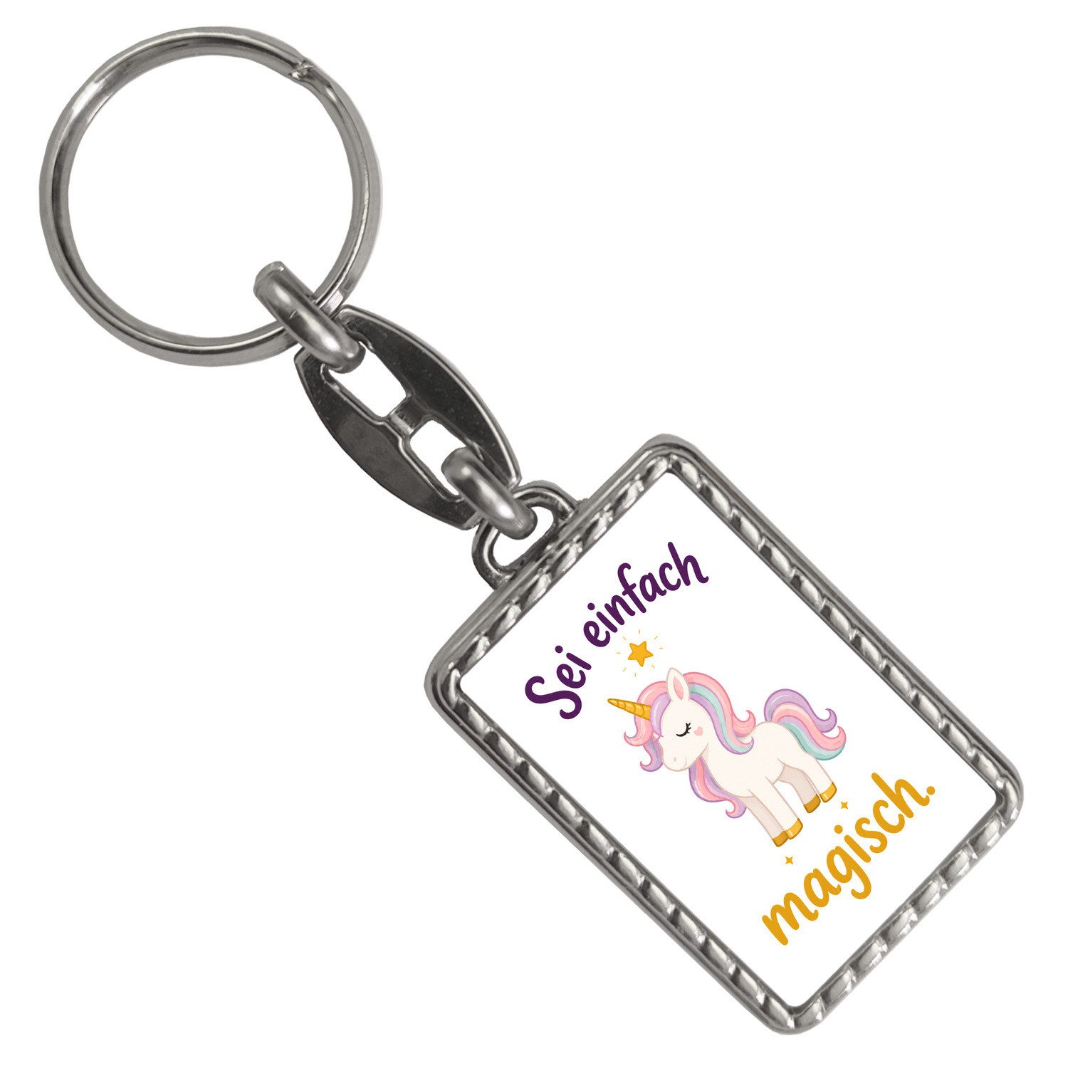 speecheese Schlüsselanhänger Schlüsselanhänger mit Bordüre Einhorn Tasche oder Rucksack Spruch: