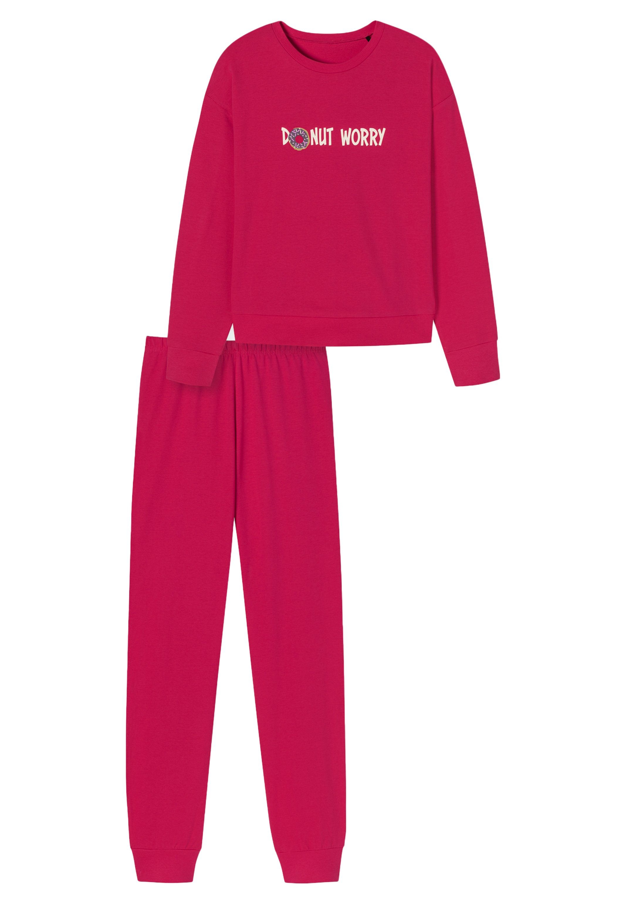Schiesser Pyjama Nightwear Schlafanzug Organic Pink mit (Set, - tlg) Brust-Print Langarmshirt - Baumwolle 2 Cotton