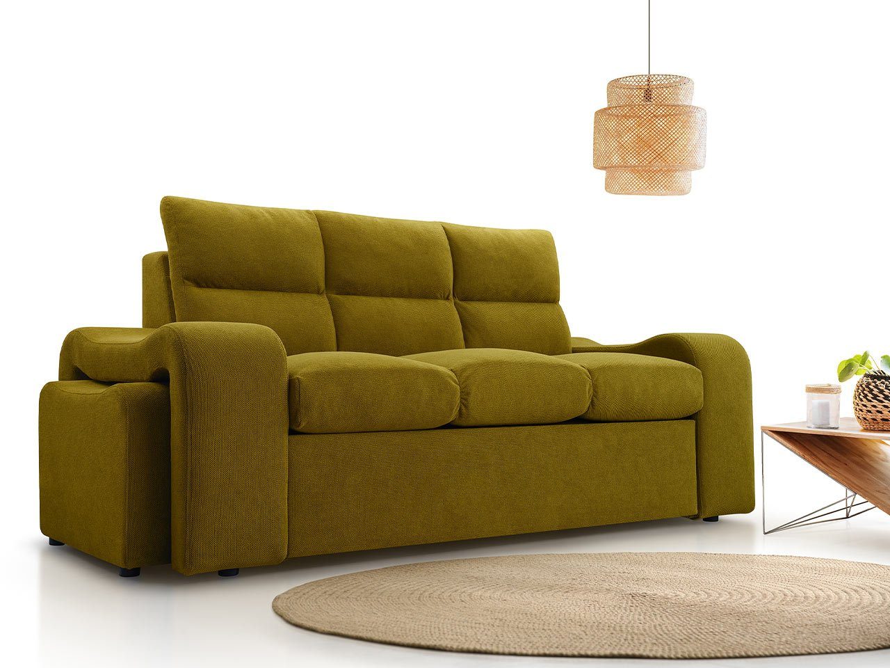 MKS MÖBEL Sofa VASTO, Dreisitzer mit zwei Sitzpuffs, im modernen Stil, auf einer Wellenfeder Olive Curio