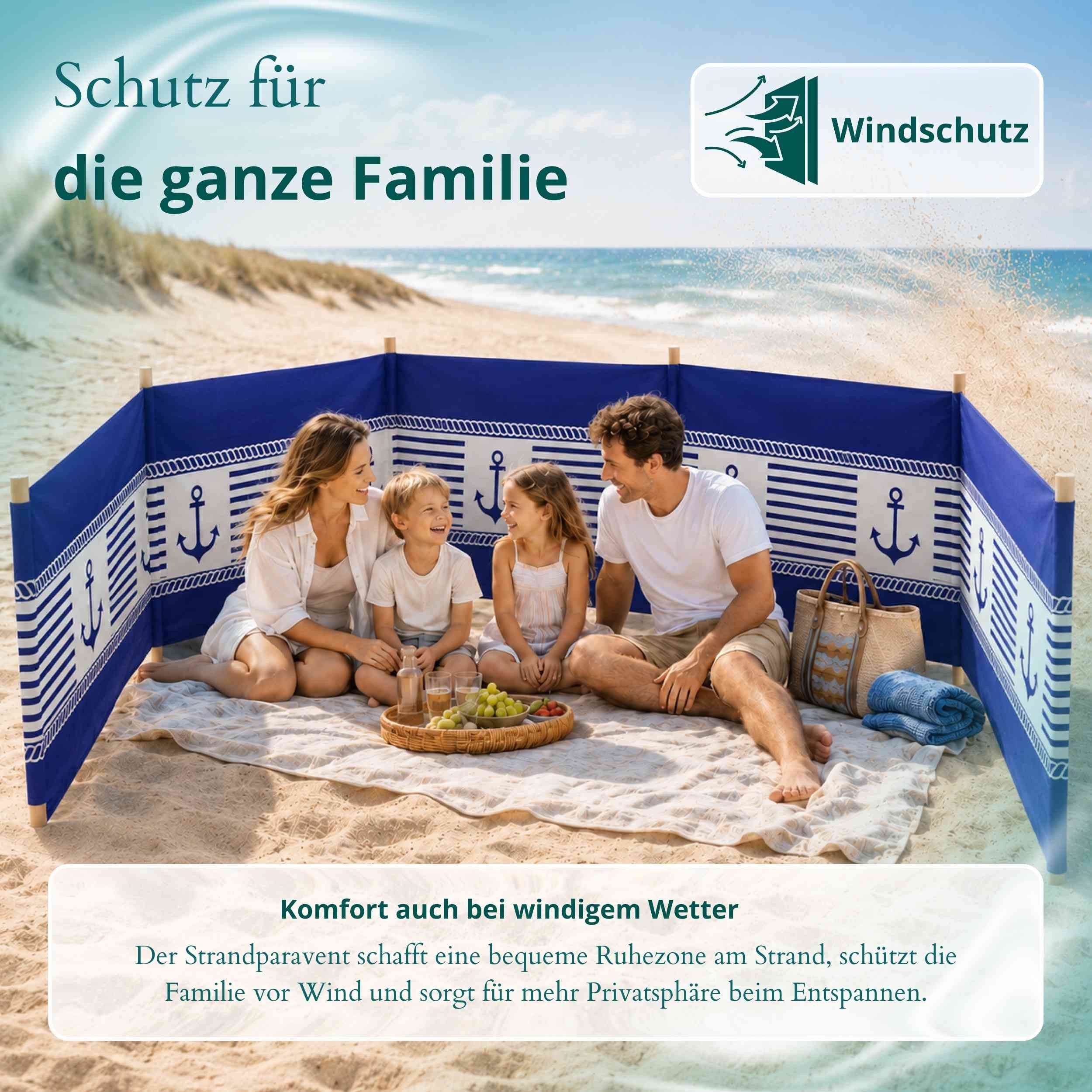 Lantigo Windschutz Sichtschutz Sonnenschutz Strandparavent aus Mikrofaser – portabel, (Blaue Anker, Länge: 4 m), - Faltbarer Sonnenschutz für Strand, Camping &  – Bild 4 von 5