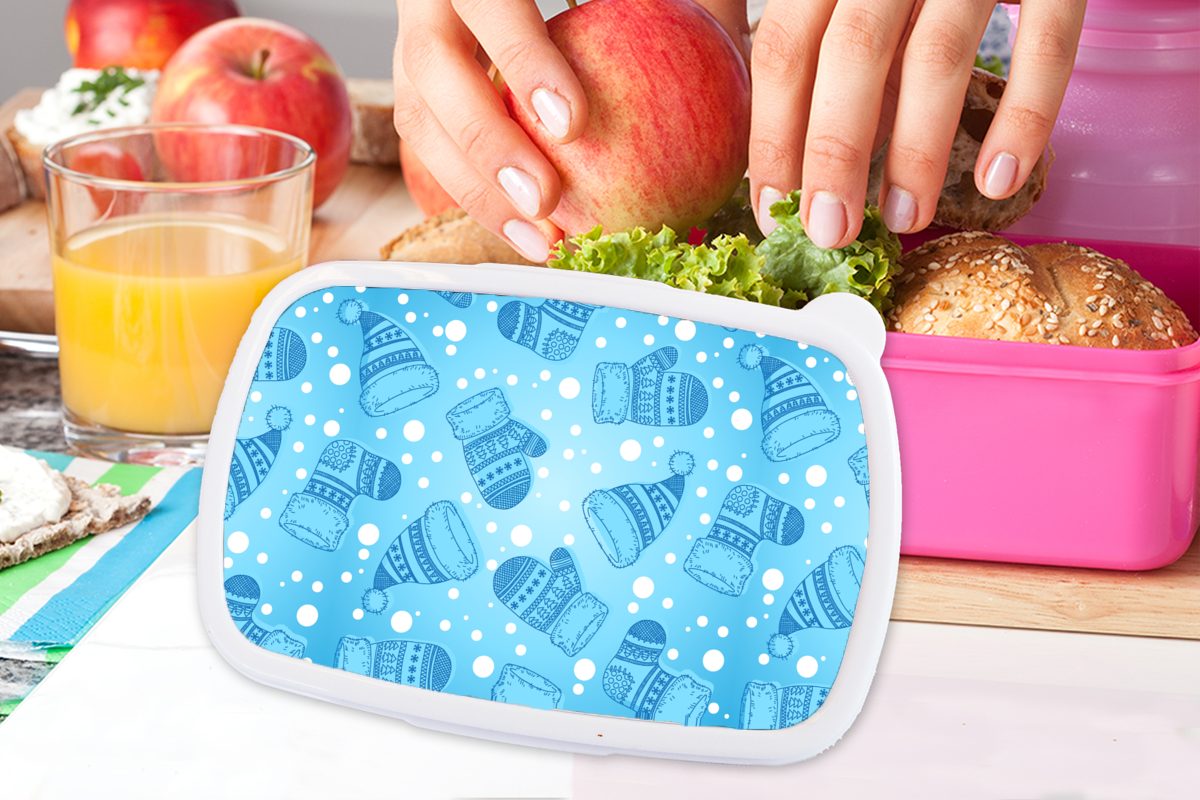 MuchoWow Lunchbox Brotdose Schnittmuster, für Erwachsene, - Kinder, - Kunststoff, Winter Mädchen, Brotbox Mütze (2-tlg), Handschuhe - Kunststoff rosa Snackbox
