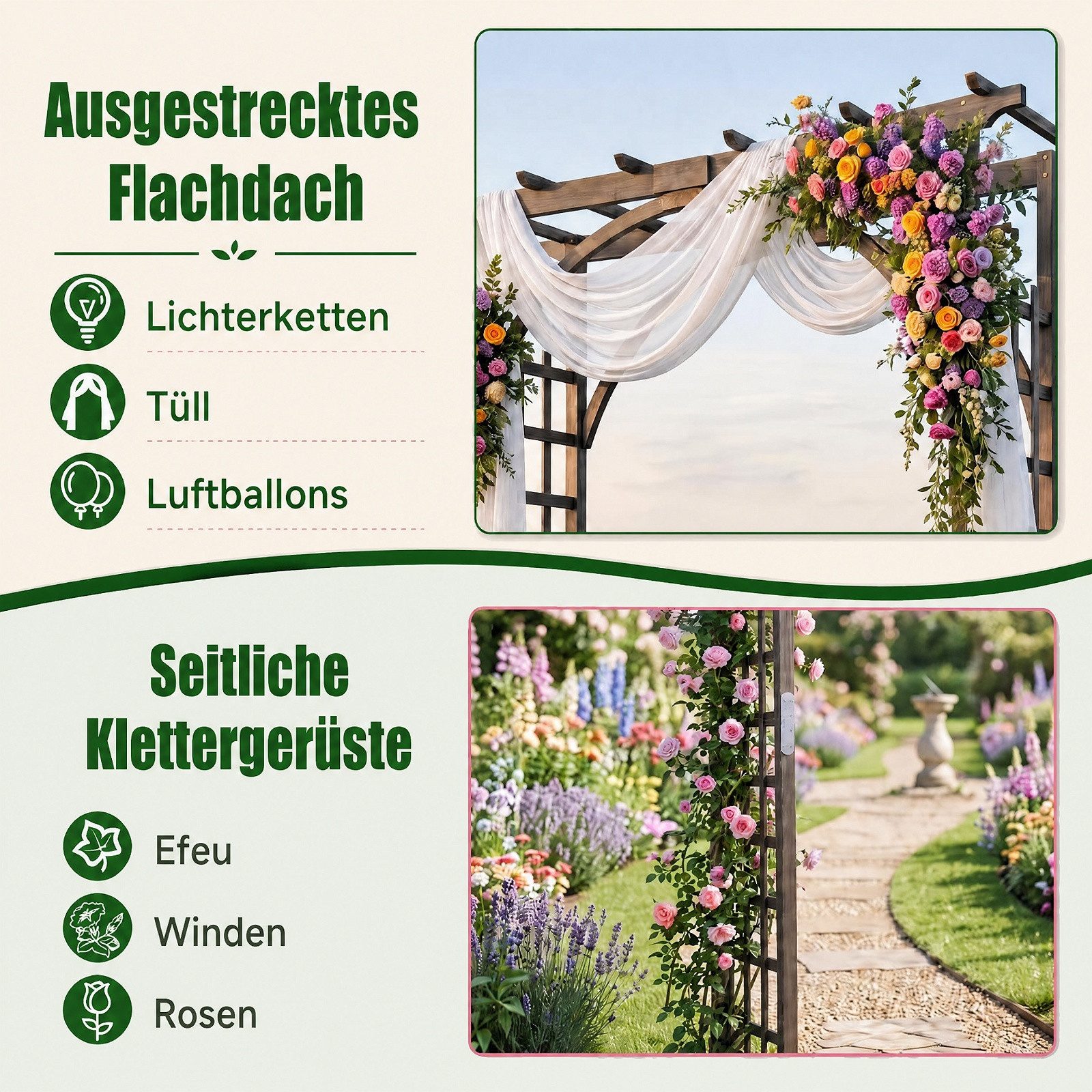 KOMFOTTEU Rosenbogen Gartenbogen Rankhilfe Rankgitter, mit Dach & seitlichen Rankgittern – Bild 3 von 5