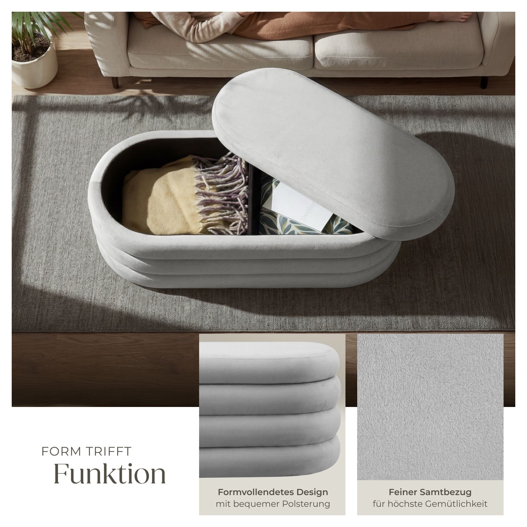 tectake Bank Polsterbank Altu mit großem Stauraum, 110 x 45 x 42 cm (Sitzbank, 1-St. Samtoptik Grau), bodenschonende Kunststoffkappen, Belastbarkeit 150 kg