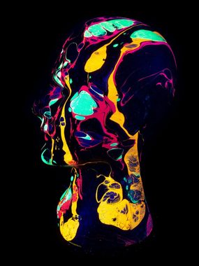 PSYWORK Dekofigur Schwarzlicht Deko Kopf "Glowhead" Schwarz-Multicolor, UV-aktiv, leuchtet unter Schwarzlicht