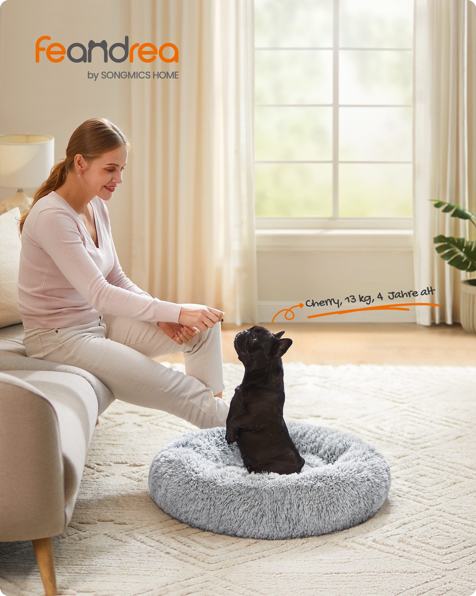 FEANDREA Hundebett flauschig, Katzenbett, Donut Kissen, waschbar, Polsterung in der Mitte herausnehmbar, 70 cm Durchmesser