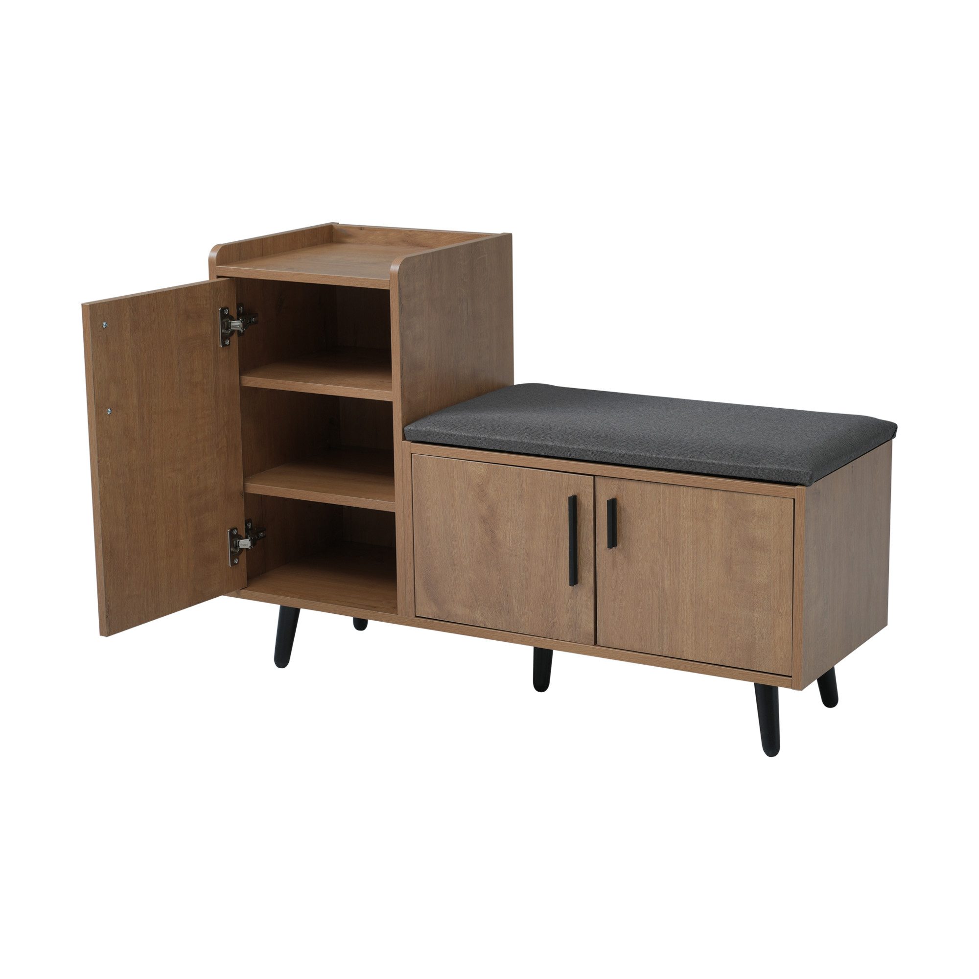 Flieks Schuhschrank (B100/T34/H69 cm, 1-St., gepolsterter Sitzfläche und Metallgriff, ca 10 Paar Schuhe) Schuhwechselhocker mit Seitenschrank Schuhbank mit 3 Tür