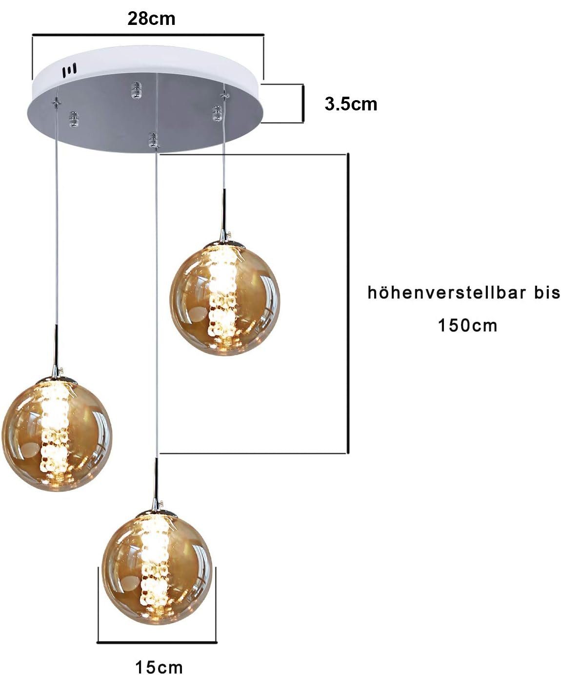 ZMH Pendelleuchte Esstisch 150CM Höhenverstellbar Pendellampe Kronleuchte Wohnzimmer, Glaskugel Hochwertige Design, LED wechselbar, 3-Flammig Bernstein Esszimmerlampe Schlafzimmer. Reduzierter Preis € 109,99. Unverbindliche Preisempfehlung € 199,99