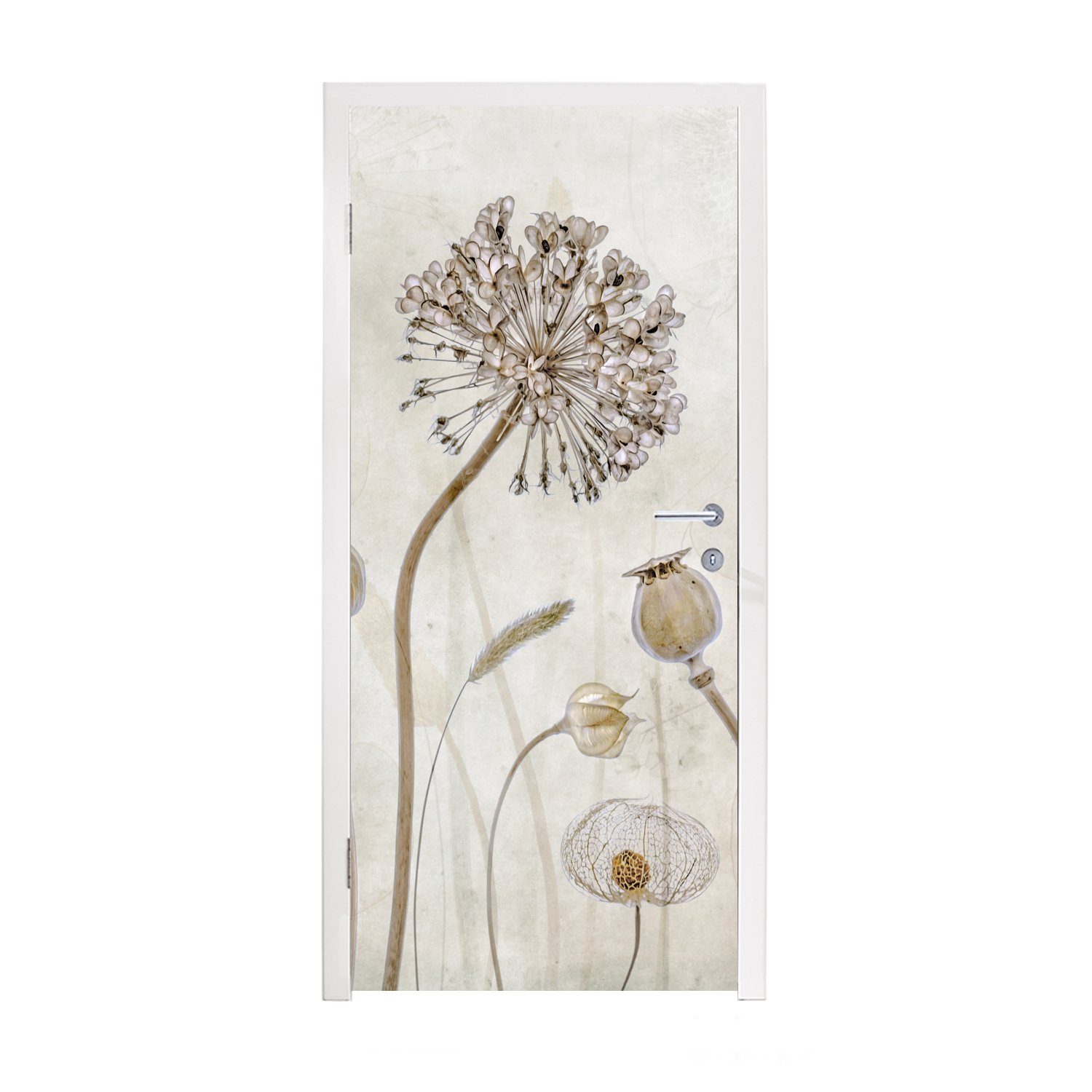 MuchoWow Türtapete Blumen - Aquarell - Stilleben - Braun - Vintage, Matt, bedruckt, (1 St), Fototapete für Tür, Türaufkleber, 75x205 cm