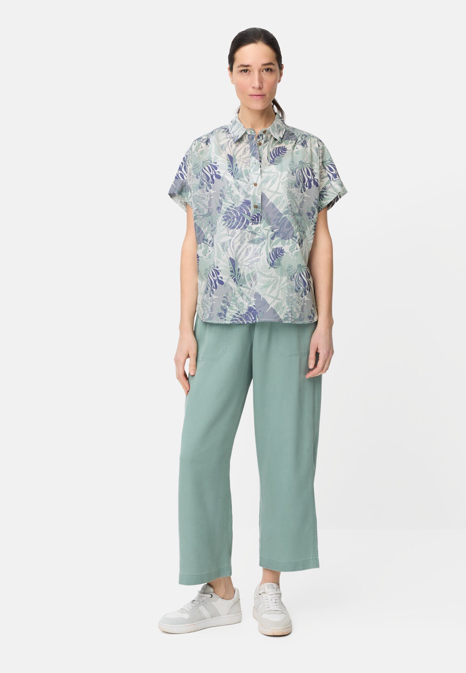 camel active Hemdbluse Kurzarmbluse aus reiner Baumwolle Kurzarm Allover Print