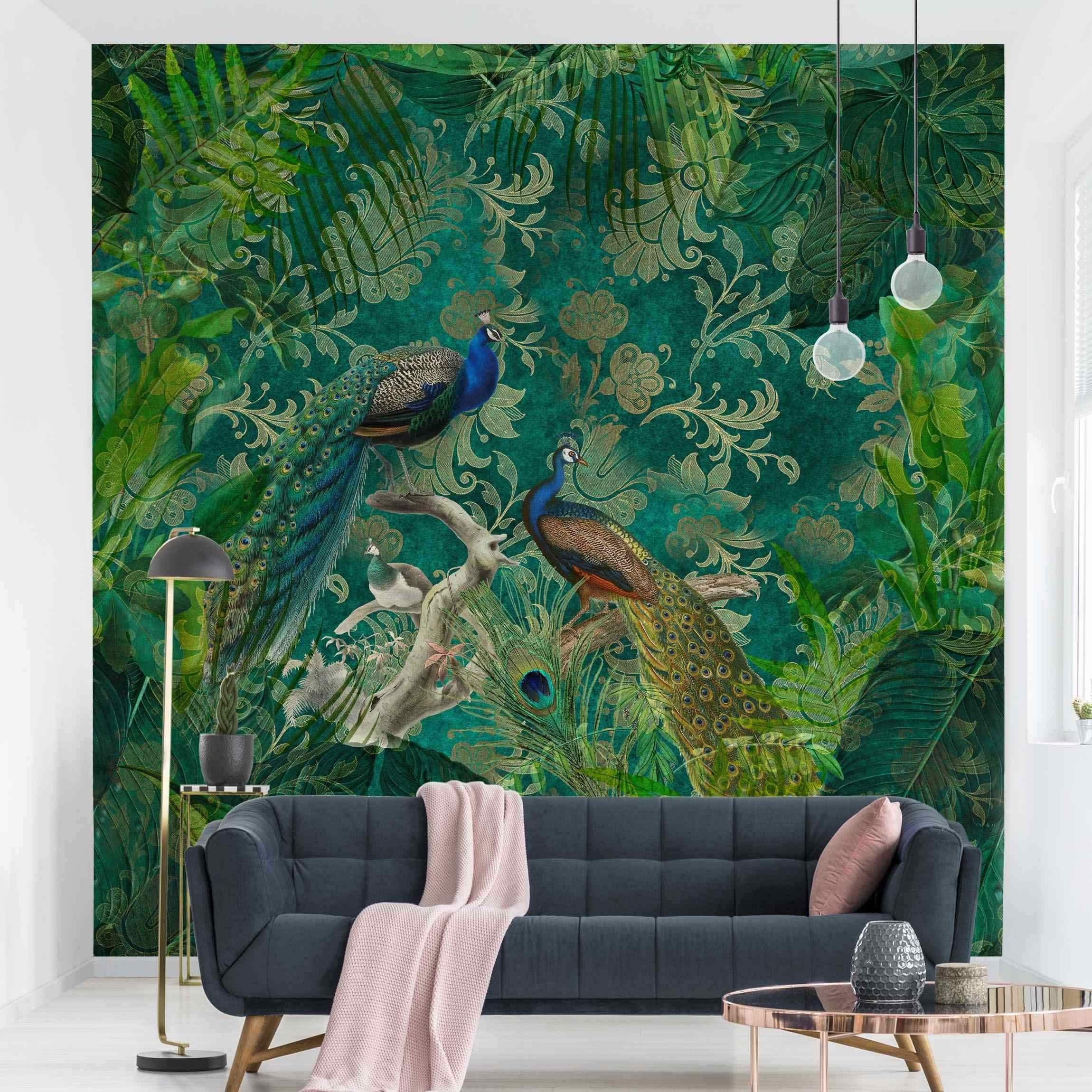 Bilderdepot24 Vliestapete Vintage Shabby Chic Collage Edler Pfau Dschungel Tropisch Wanddeko, Glatt, Matt, (Vliestapete inkl. Kleister oder selbstklebend), Wohnzimmer Schlafzimmer Küche Flur Fototapete Motivtapete Wandtapete
