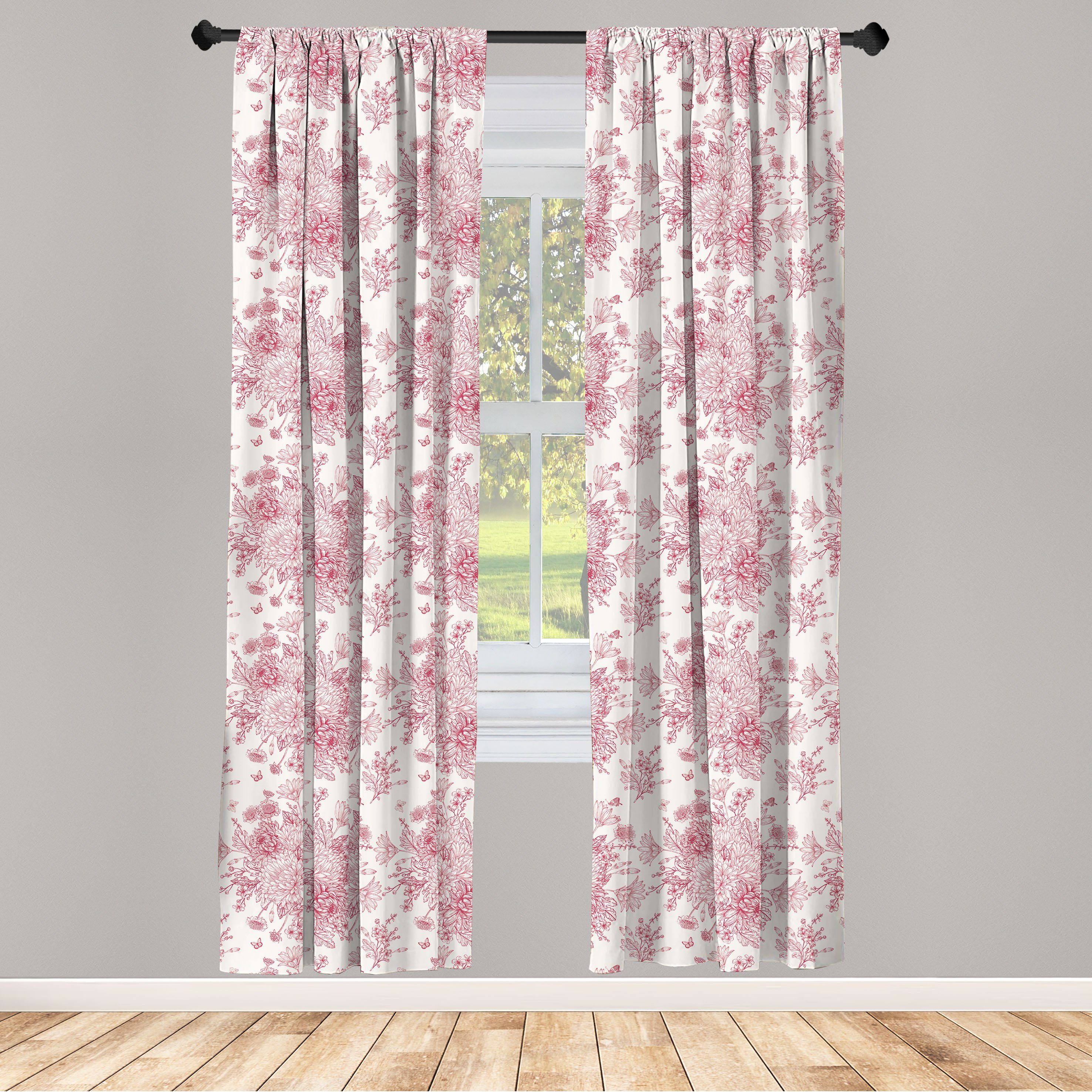 Gardine Vorhang für Wohnzimmer Schlafzimmer Dekor, Abakuhaus, Microfaser, Vintage Botanik Blumen Schmetterlinge