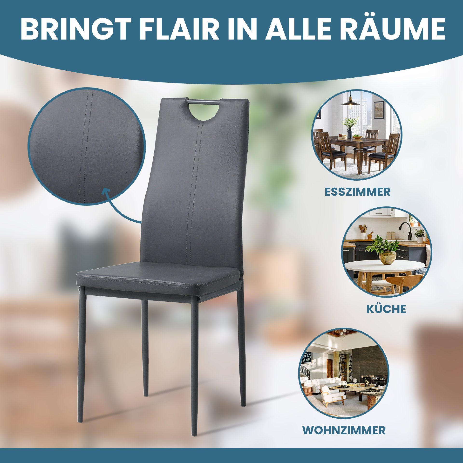Albatros International Esszimmerstuhl Esszimmer Stühle 4 er Set SALERNO, Stuhl Stühle Esszimmerstühle, Küche (6er Set, Grau, Kunstleder Bezug), Küchenstuhl Küchenstühle Essstühle für den Esstisch Ess Stühle