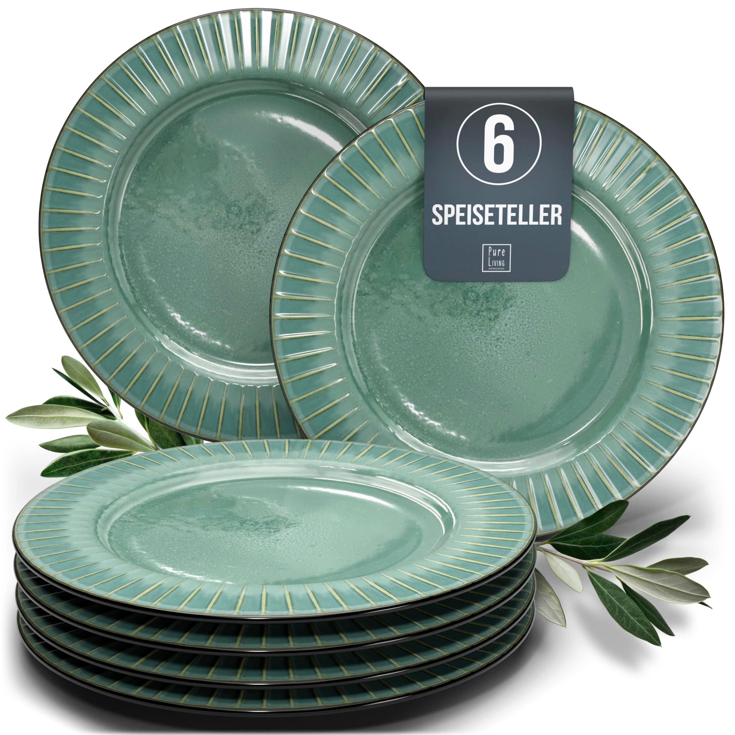 PURE LIVING INTERIOR DESIGN Geschirr-Set Pure Living Speiseteller 6er 26cm »Ribbed«, Steingut, Grün, 6 Personen, Steingut, Mediterrane Handwerksoptik, Reaktive Glasur – jedes Stück einzigartig…