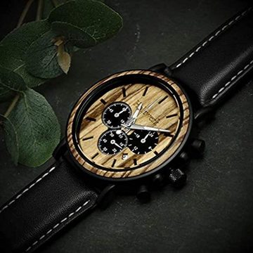 Holzwerk Chronograph BERGA Herren Edelstahl & Holz Uhr mit Leder Armband in schwarz, beige