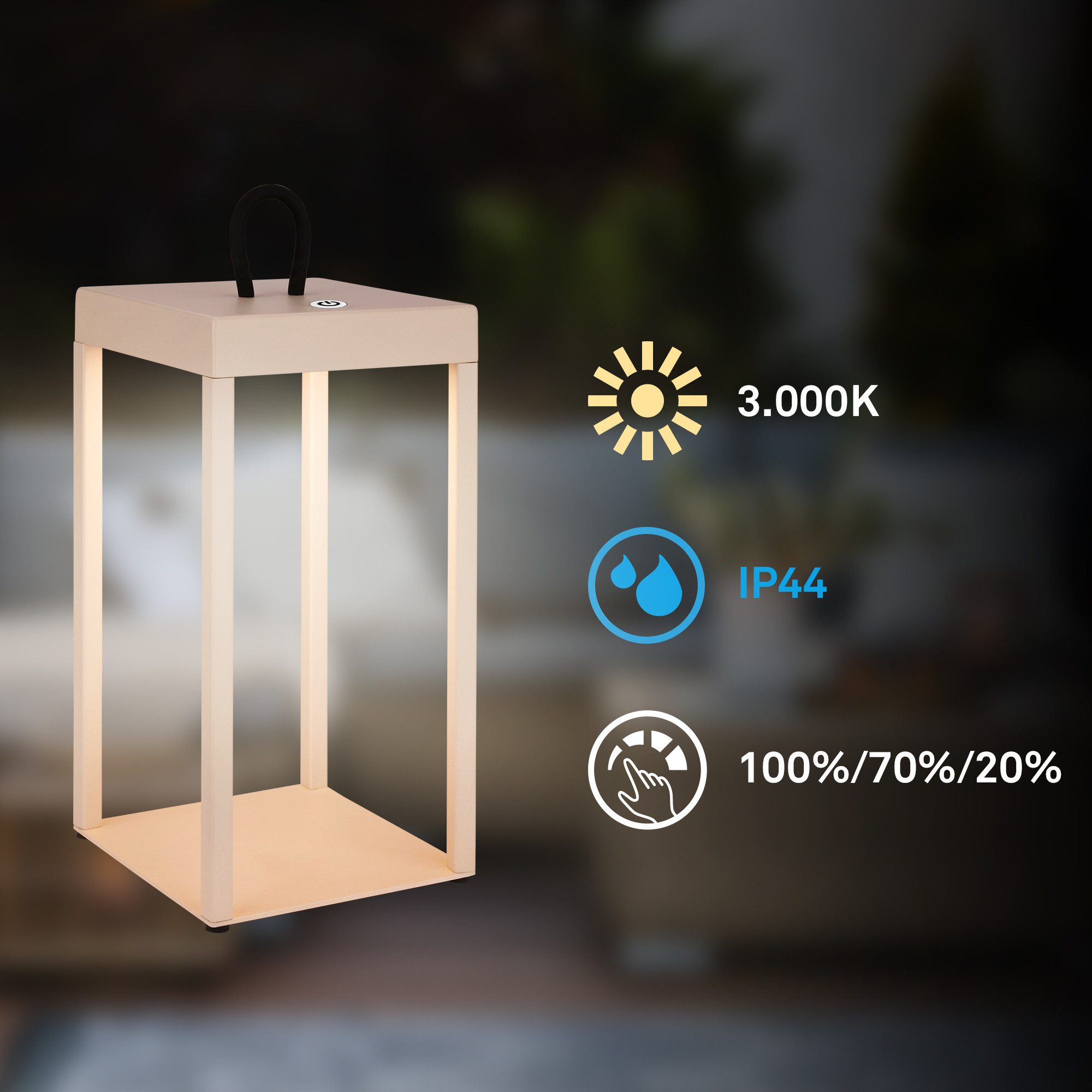 Briloner Leuchten LED Außen-Tischleuchte Akkulampe Laterne Kabellos 3 Stufen Dimmfunktion, LED wechselbar, 3.000K - Warmweiss, Tiefenentladungsschalter,Akku wechselbar,IP44,Beige/Schwarz,31,5x13cm