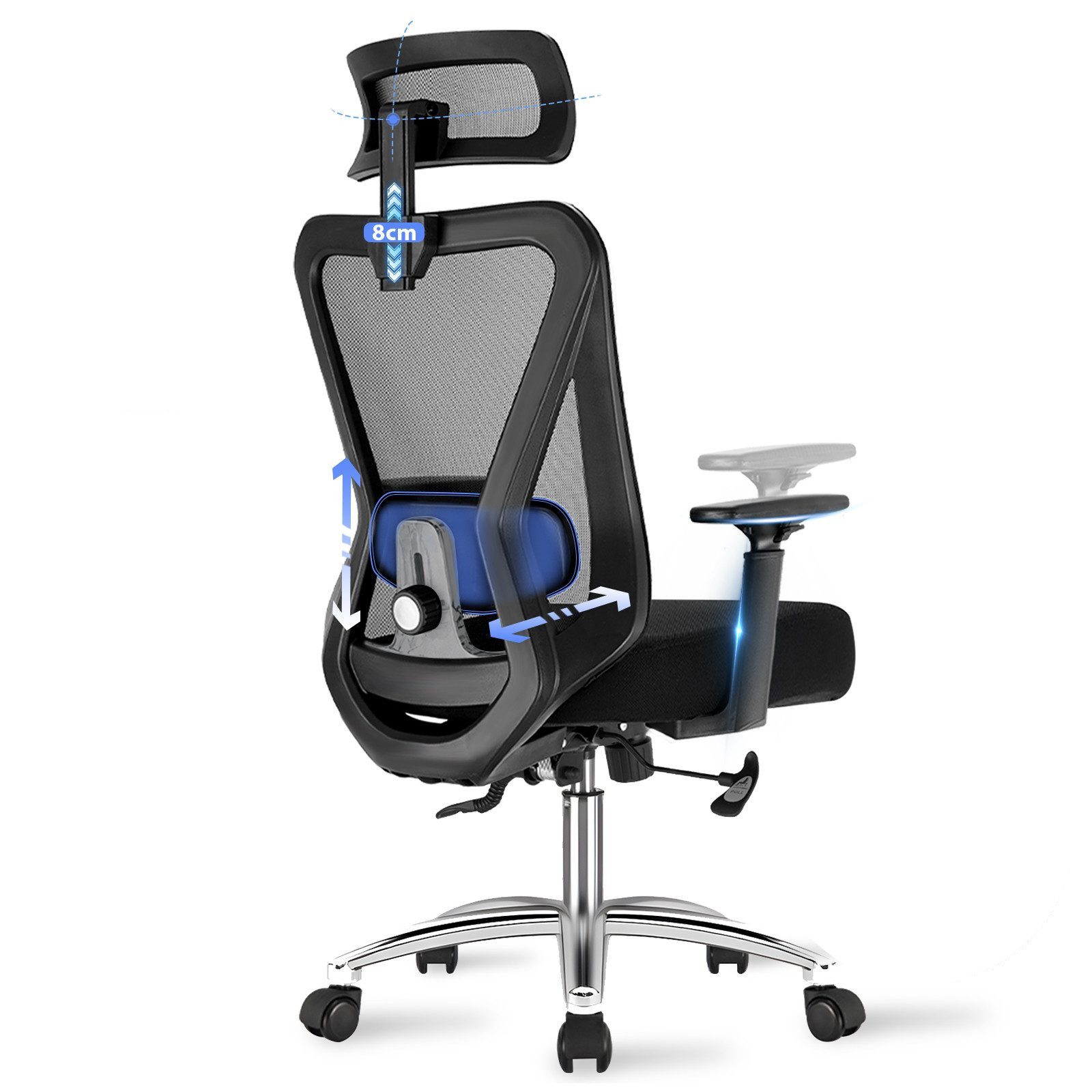 Durrafy Bürostuhl Ergonomischer Bürostuhl, Schreibtischstuhl Höhenverstellbarer Schwarz (4D-verstellbare Lendenstütze, Verstellbarer Kopfstütze & Armlehnen, Belastbar bis 200KG), 3-stufiger Neigungsarretierung 90-130°, Höhenverstellbarer Drehstuhl