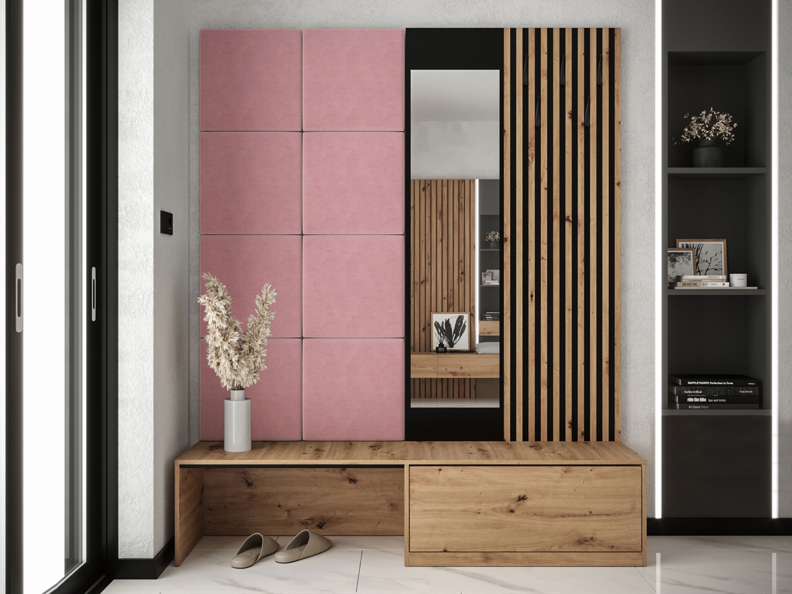 MIRJAN24 Garderoben-Set Premium, (Komplett-Set, Schuhschrank, Spiegel, Lamellen mit Kleiderhaken + Paneel 42x42), Griffloses Öffnungssystem