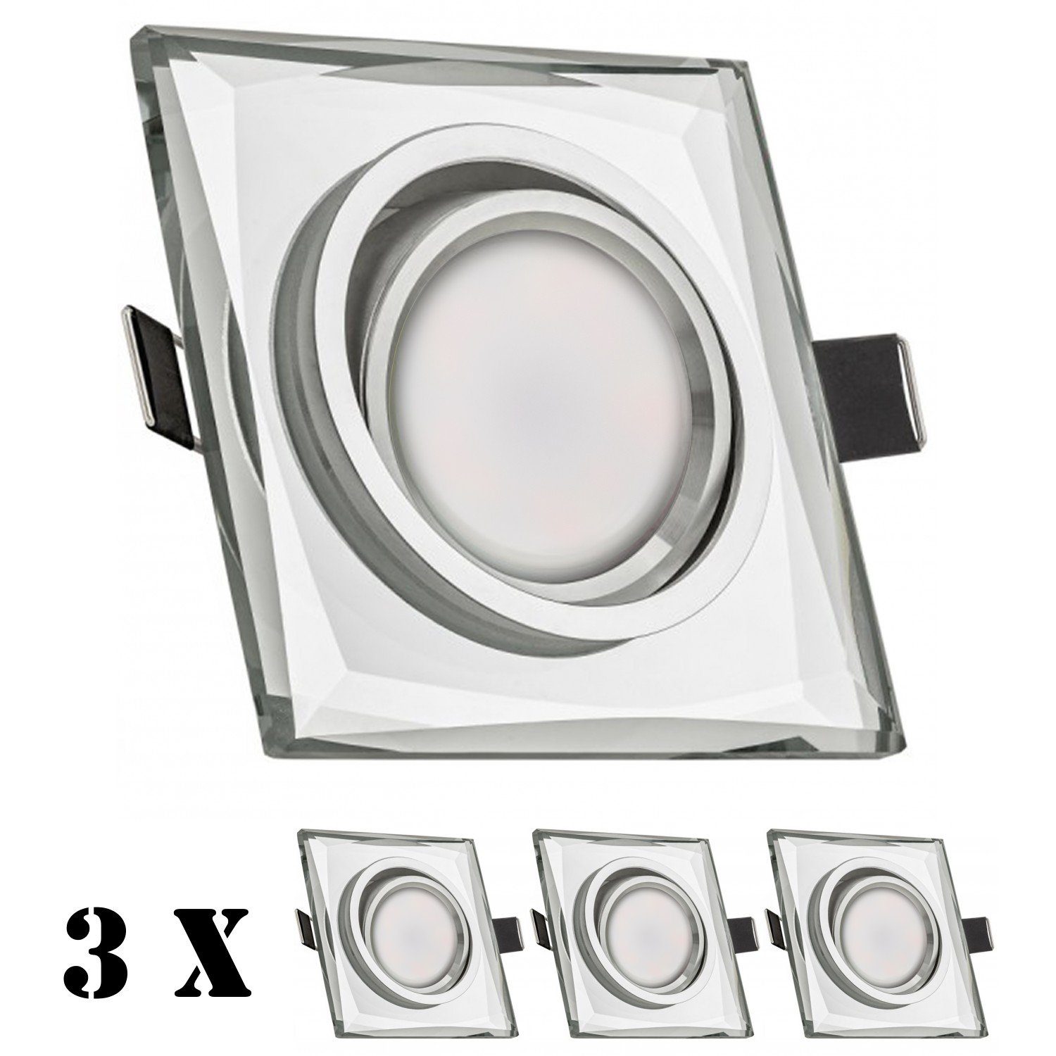 LEDANDO LED Einbaustrahler 3er LED Einbaustrahler Set extra flach in Glas / Kristall mit 5W Leuch