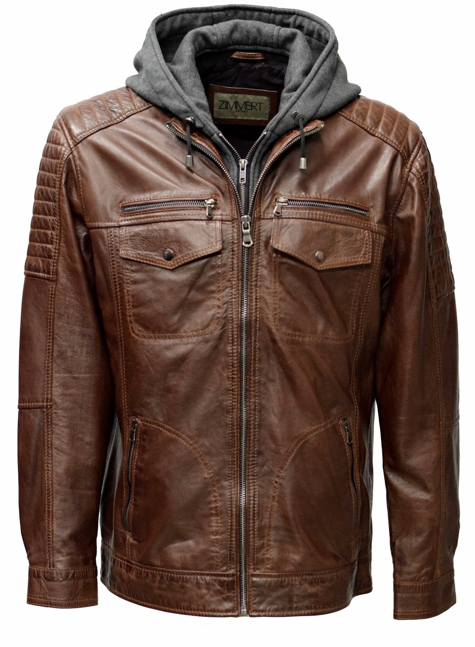 Zimmert Leather Lederjacke Gernd herausnehmbare Kapuze, washed Lammnappa, Cognac Braun
