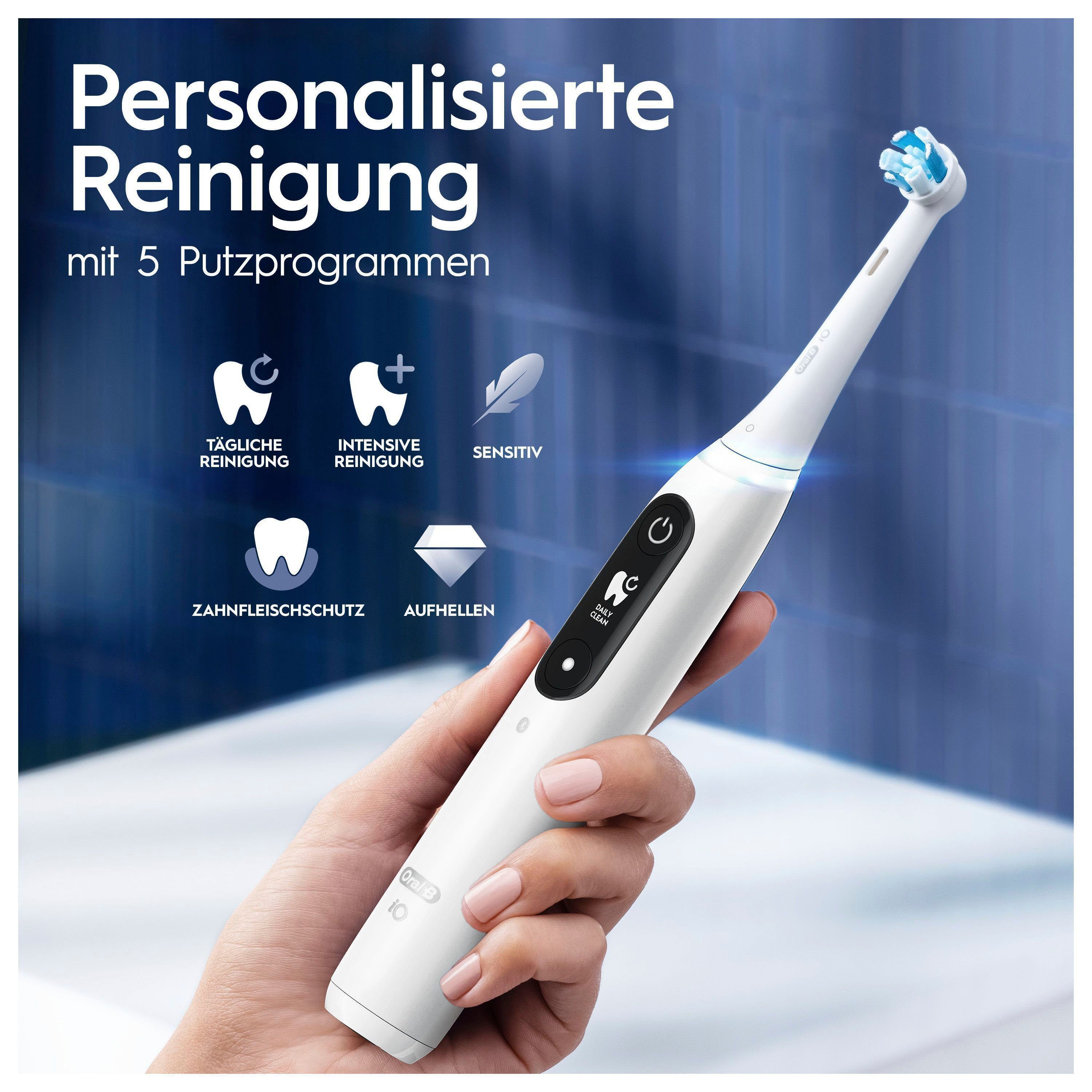 Oral-B Elektrische Zahnbürste iO mit 2 white Display, Magnet-Technologie, 5 alabaster Reiseetui Aufsteckbürsten: Putzmodi, 7, St