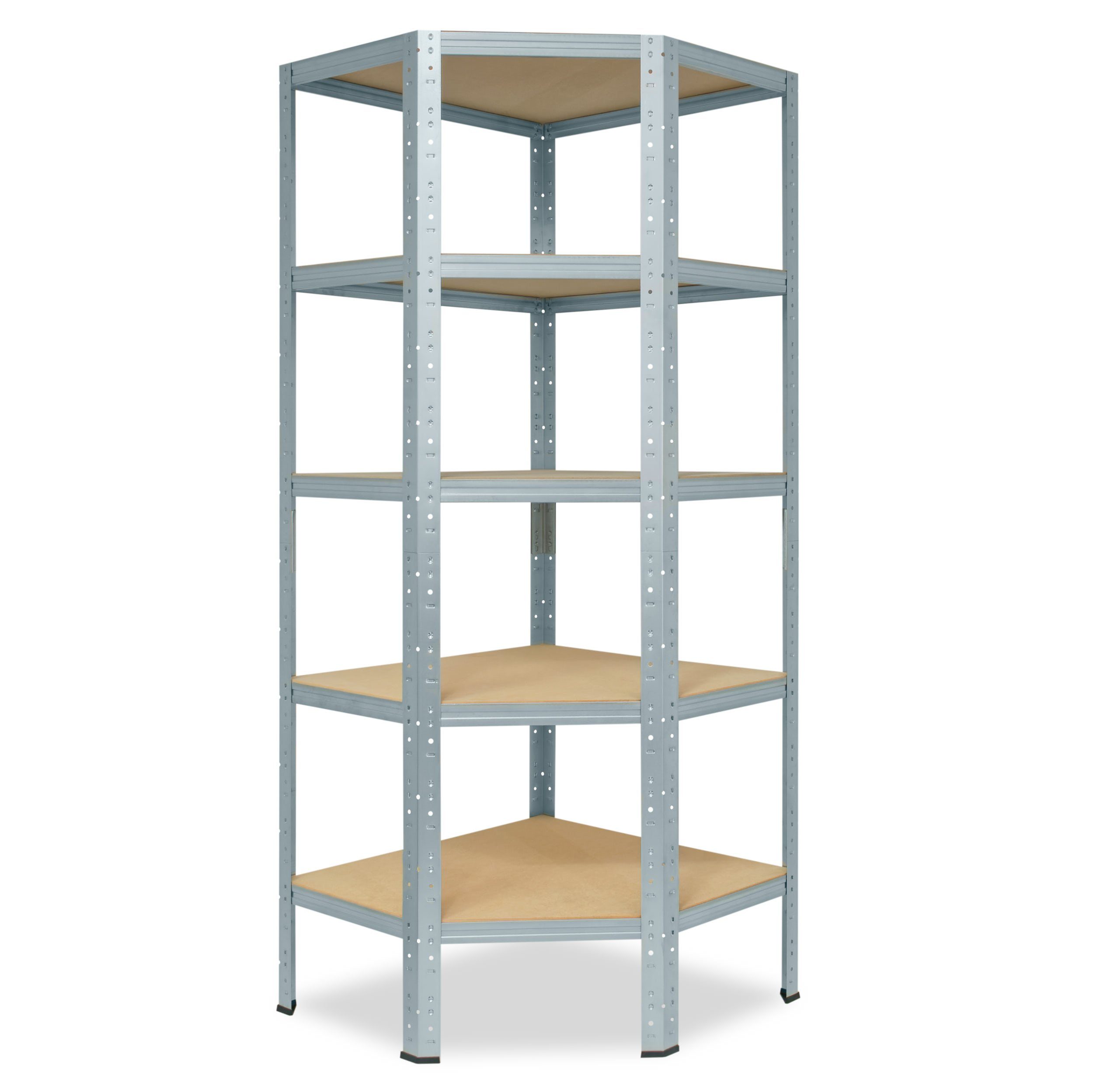 shelfplaza Eckregal HOME, 180x70x45cm verzinkt, Metall Eckregal stehend mit 5 Böden, Corner Shelf 175kg Tragkraft Schwerlastregal Ecke, Steckregal verzinkt Eckregal Keller Garagen Regal