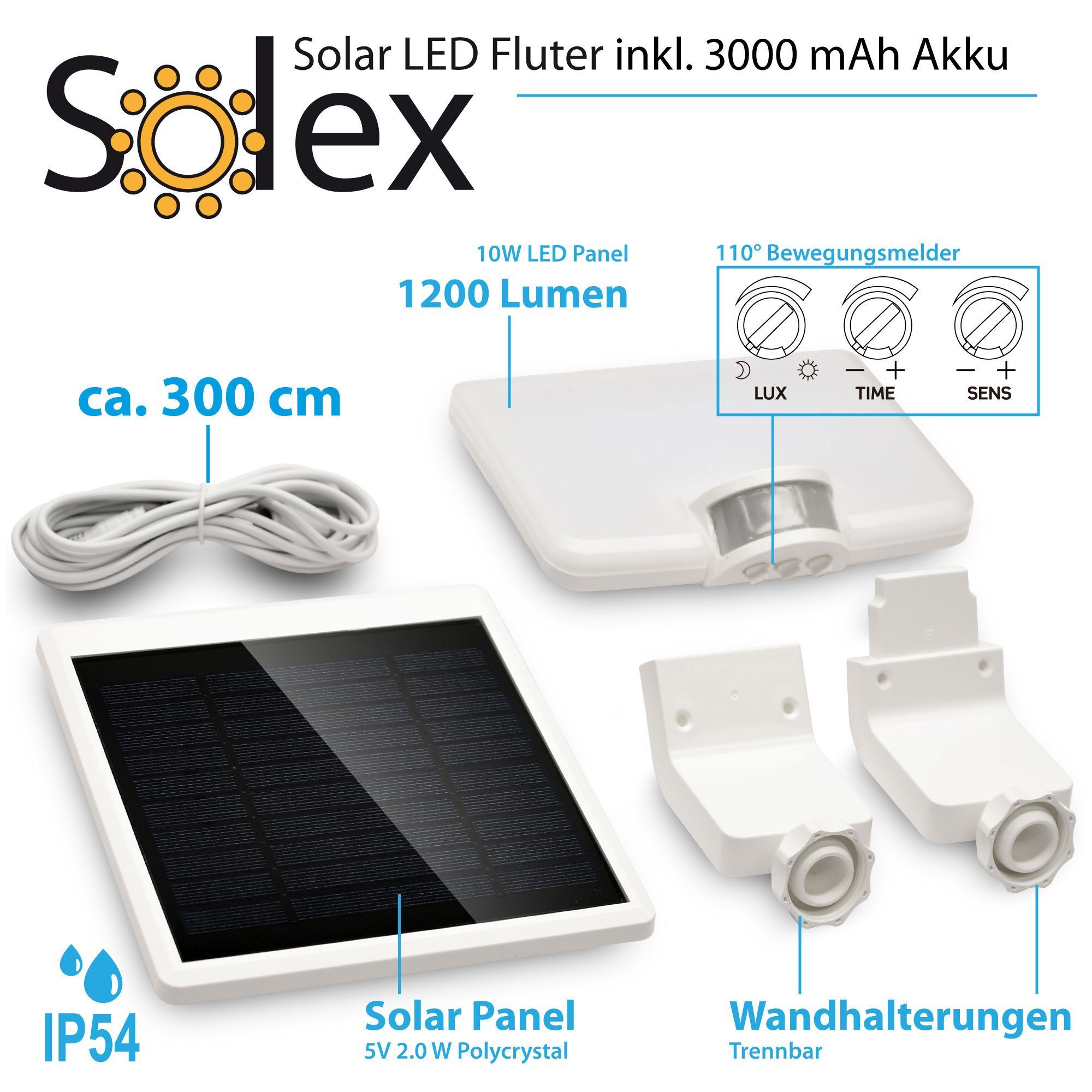 Maxkomfort LED Flutlichtstrahler 4000K, Solar, integriert, fest Neutralweiß, Baulichtstrahler, 4000K, LED, IP65 Flutlicht, SOLEX, Neutralweiß, Scheinwerfer, Strahler, Fluter, LED 10W