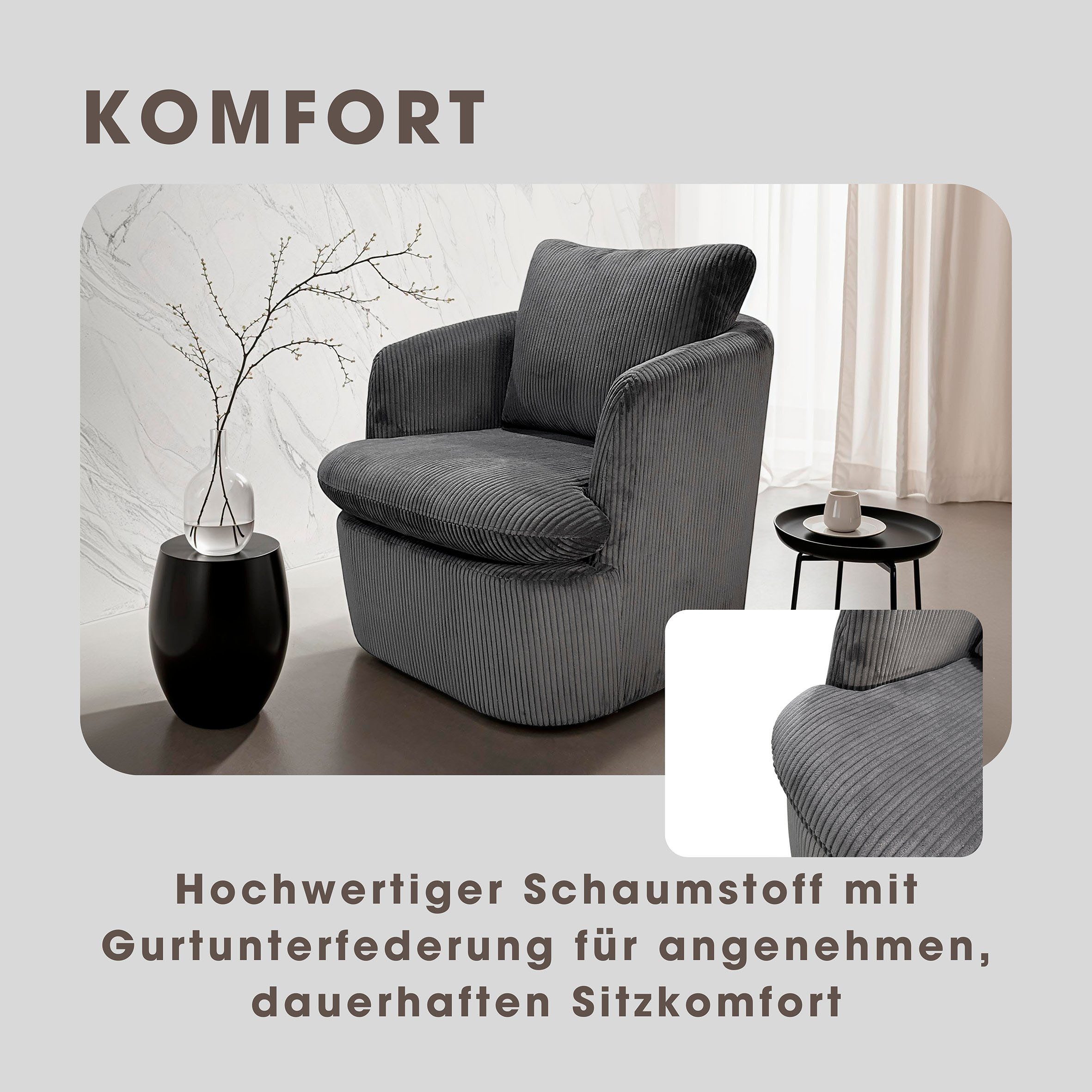 byLIVING Sessel HARMONY, Grob-Cord, 360° drehbar, Schaumstoff, loses Sitz- und Rückenkissen