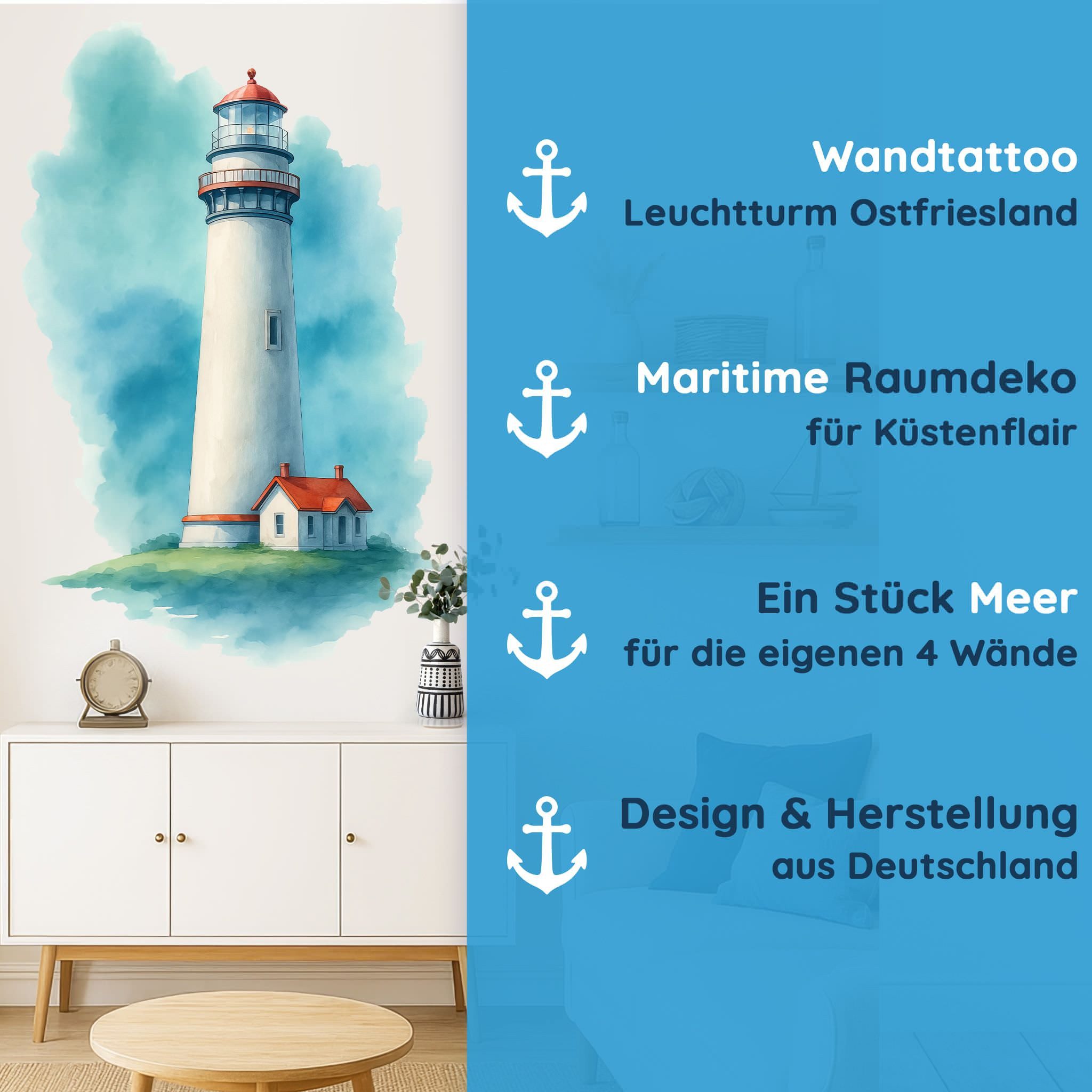 Sunnywall Wandtattoo Aufkleber Maritim Leuchtturm mit Haus – Ostfriesland Aquarell, selbstklebend, konturgeschnitten, rückstandslos entfernbar – Bild 4 von 5