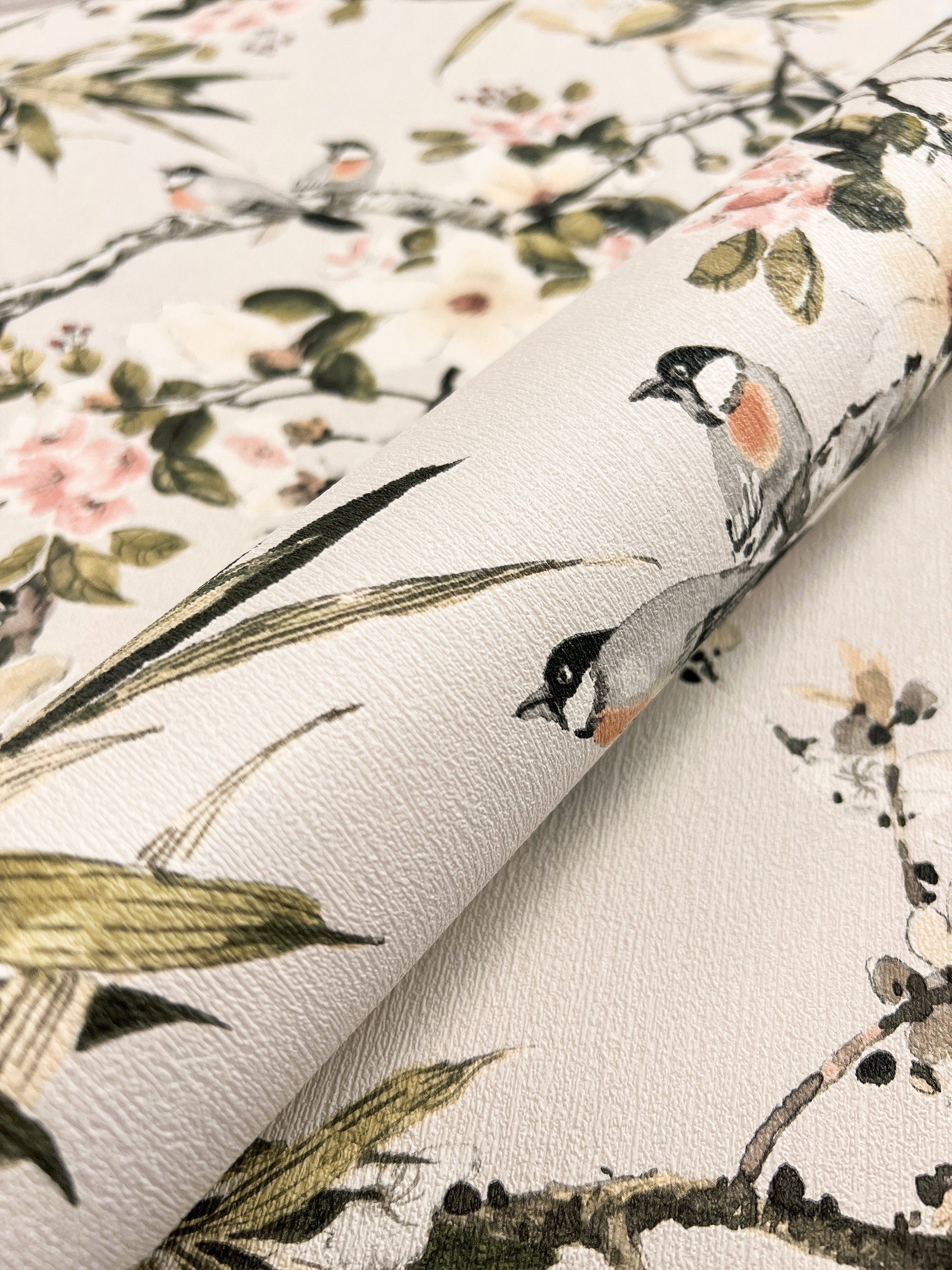 Newroom Vliestapete Loren Beige Tapete Mustertapete Magnolien, Äste, Vögel, günstig online kaufen