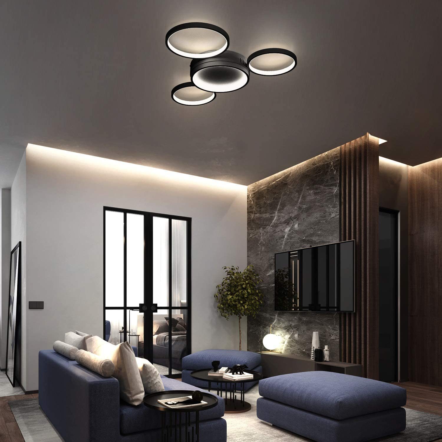 fest warmweiß-kaltweiß, LED ZMH Ring Schwarz LED 4 Modern Flammig Schlafzimmer, integriert, Fernbedienung Deckenleuchte