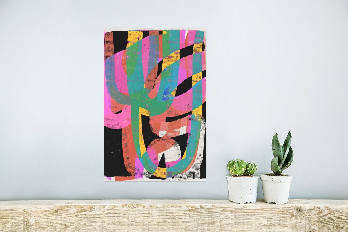 Wohnzimmer, - Wandposter Kunst, - - Poster Ohne für Poster, (1 Wandbild, MuchoWow Grün Rosa Abstrakt Rahmen St), Farben -