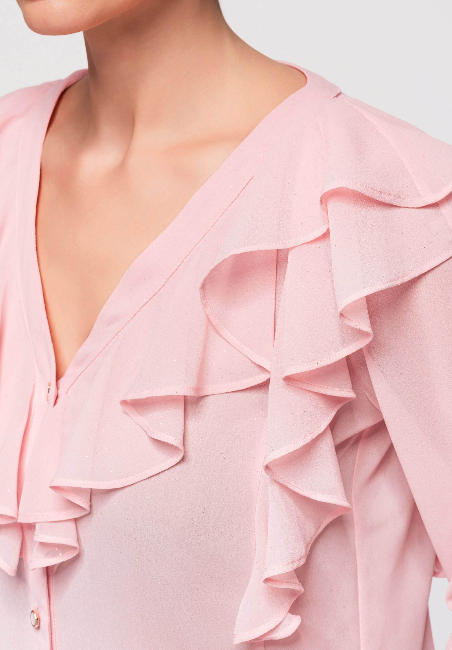 OMBRE Hemdbluse Damen Bluse Volant Romantisch Rose M (kein Set, 1-tlg) Volants an Dekolleté und Schultern