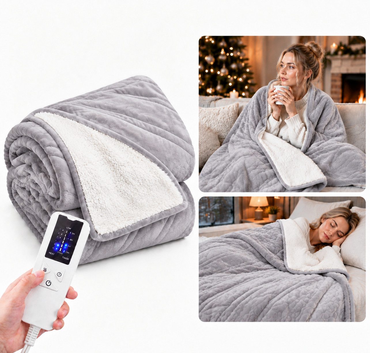 Ledklang Heizdecke Elektrisch Schwarz/Grau Überhitzungsschutz,Waschbare 200x180cm, für Bett, Sofa und Camping, 6-Stufen-Heizung & Zeitschaltuhr,Waschbar bei 30 °C