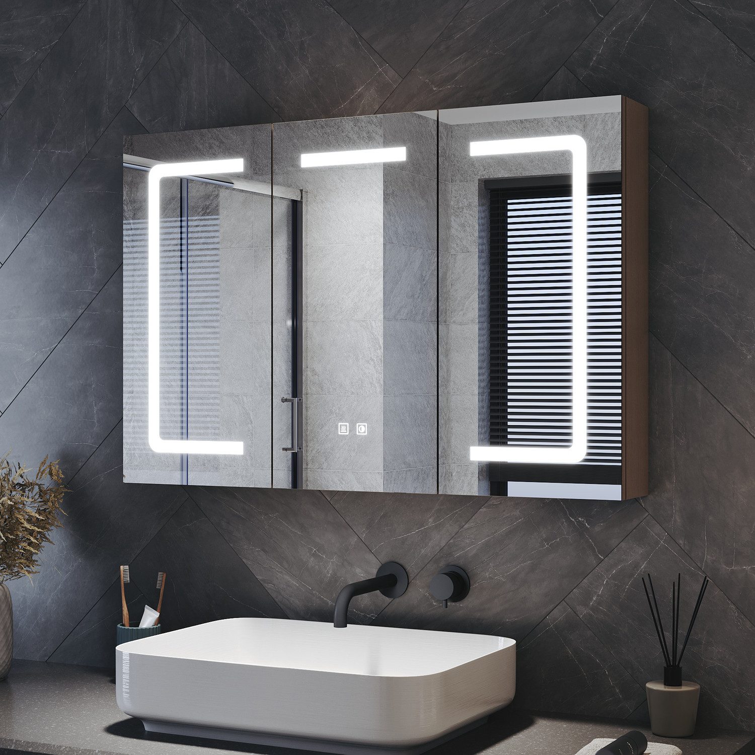 SONNI Spiegelschrank Badezimmerspiegelschrank mit Beleuchtung,Spiegelschrank mit Touch 105 cm x 65 cm, 3 türig, Anti-fog, Kalt/Warm/Neutral