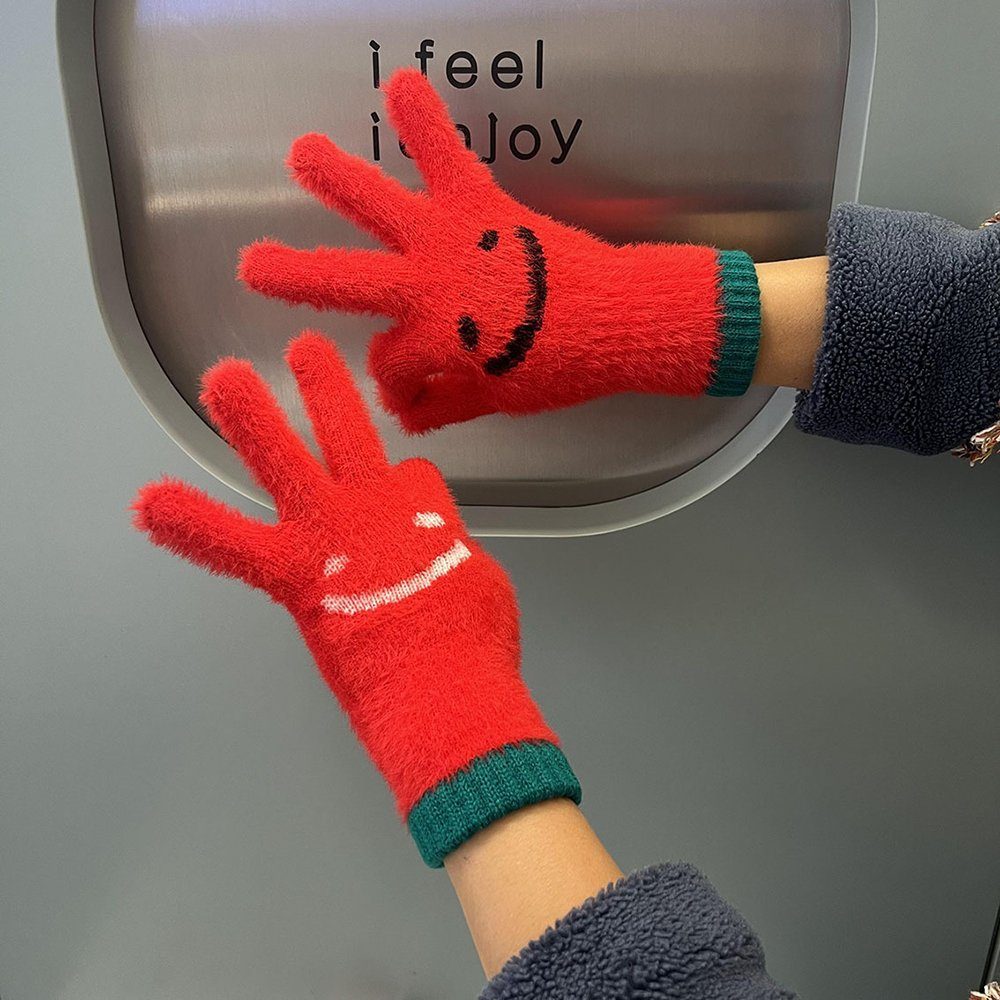 Buling Strickhandschuhe Cartoon Smiley Gesicht Finger warme Handschuhe (1 Paar) Dick gestrickte Handschuhe mit geteilten Fingern rot