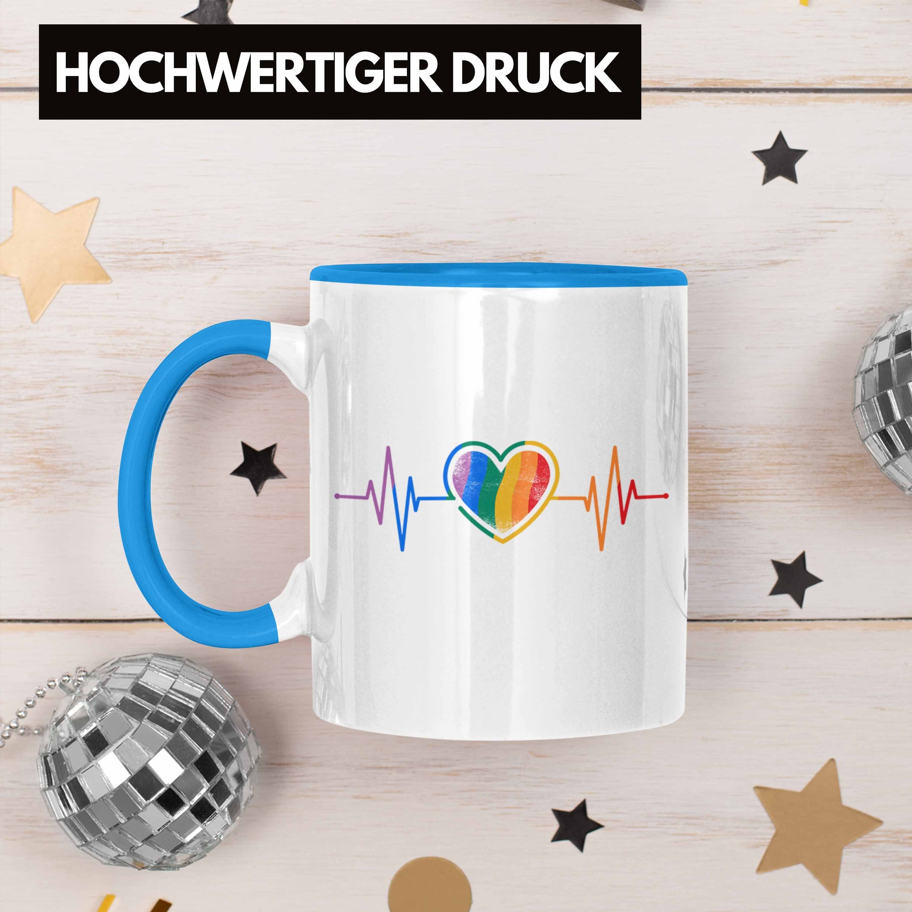 - Tasse Regenbogen Lesben Trendation für Schwule Grafik Herzschlag Transgender LGBT Geschenk Trendation Tasse Blau Lustige