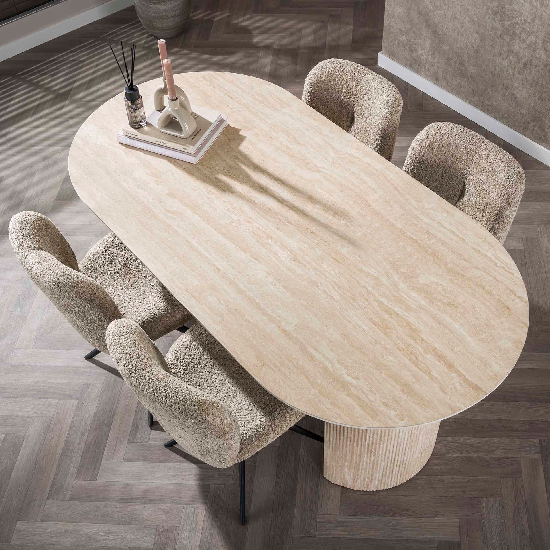 LEVEN Lifestyle Esstisch Esszimmertisch FLORENZO Eleganz in Travertin-Optik 180 cm oval, hochwertige Keramik-Tischplatte im Travertin Look