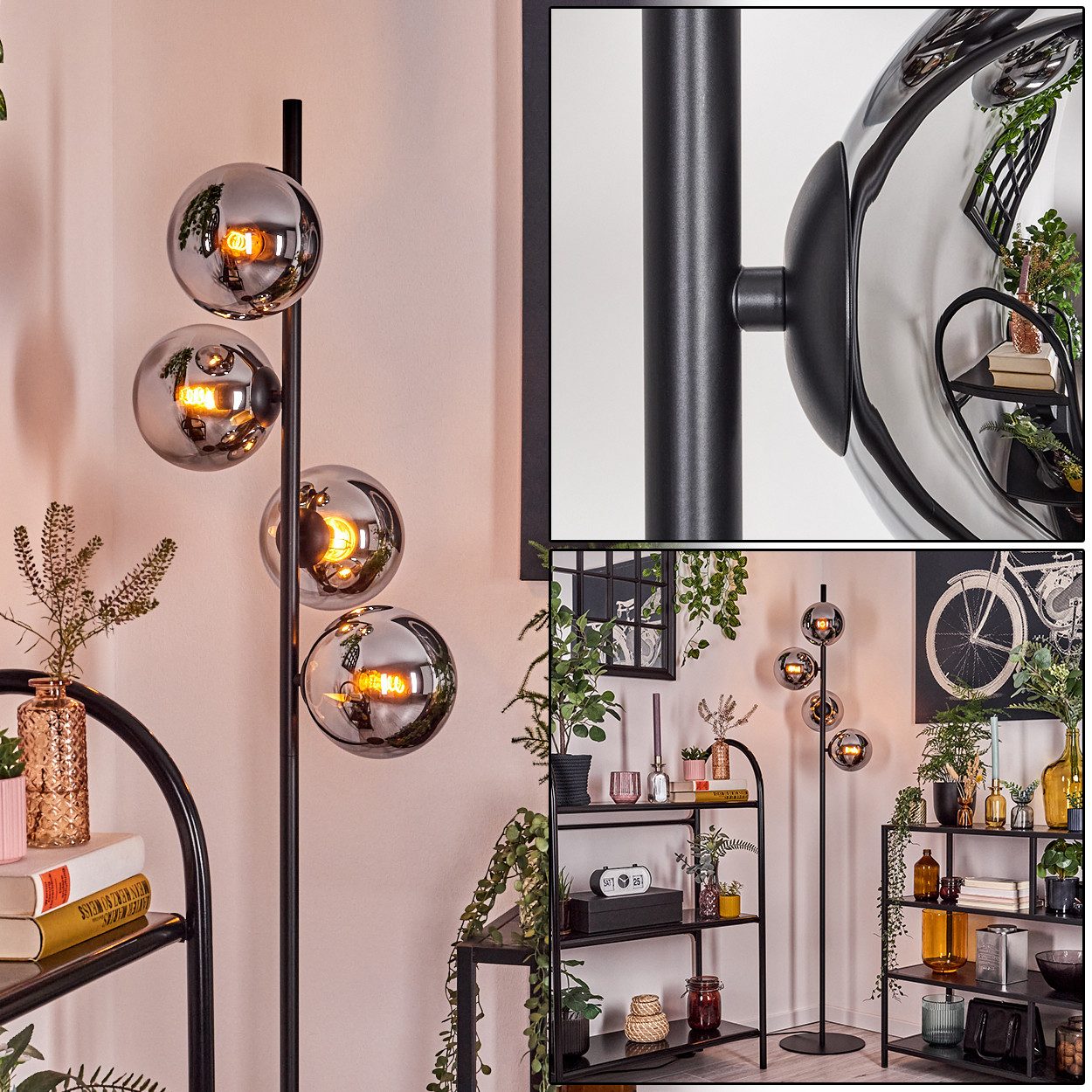 Stehlampe Stehlampe aus Metall/Glas in Schwarz/Chrom/Rauch mit Fußschalter