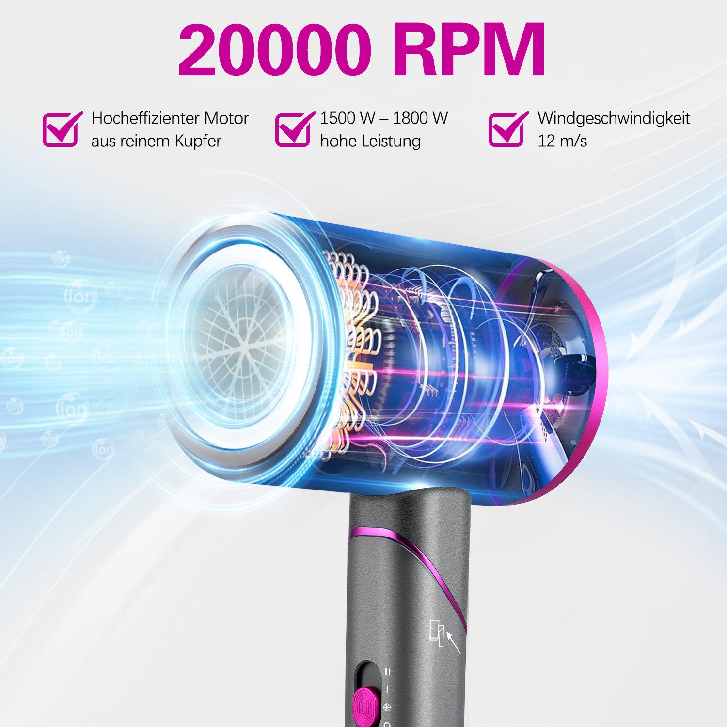 CkeyiN Haartrockner Negativ-Ionen Haartrockner leise Haarföhn 3 Heiz Klappföhn Reiseföhn, 1800,00 W, mit 2 magnetischen Stylingdüsen 2 Geschwindigkeiten Anti-Frizz klein