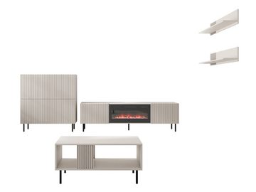 MIRJAN24 Wohnzimmer-Set Aruba V, (5er-Set, 2x Wandregal, Kommode, TV-Lowboard mit Kamin, Couchtisch), Metallfüße in der Farbe Schwarz