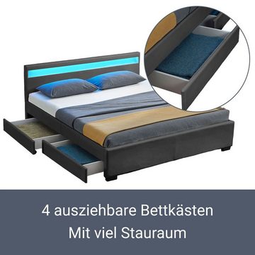 Juskys Polsterbett Lyon, 140x200 cm, ausziehbare Bettkästen, LED-Licht, gepolstertes Kopfteil