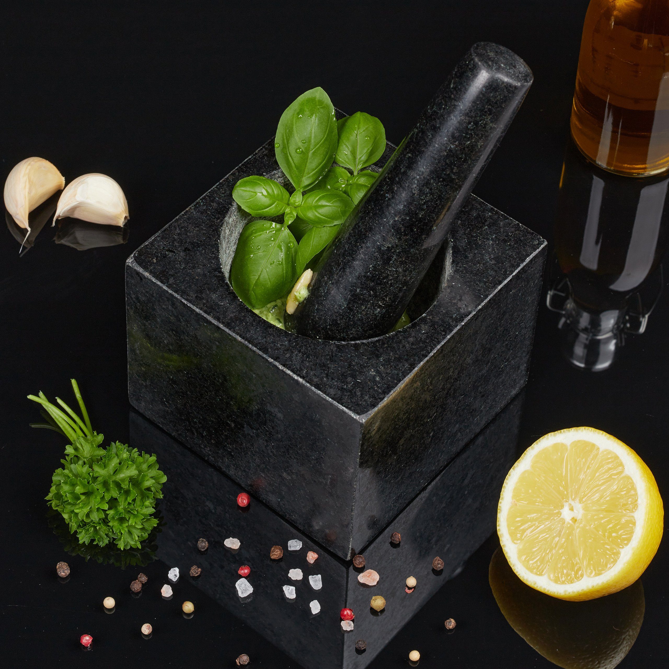 relaxdays Mörser Eckiger Granit Mörser mit Stößel
