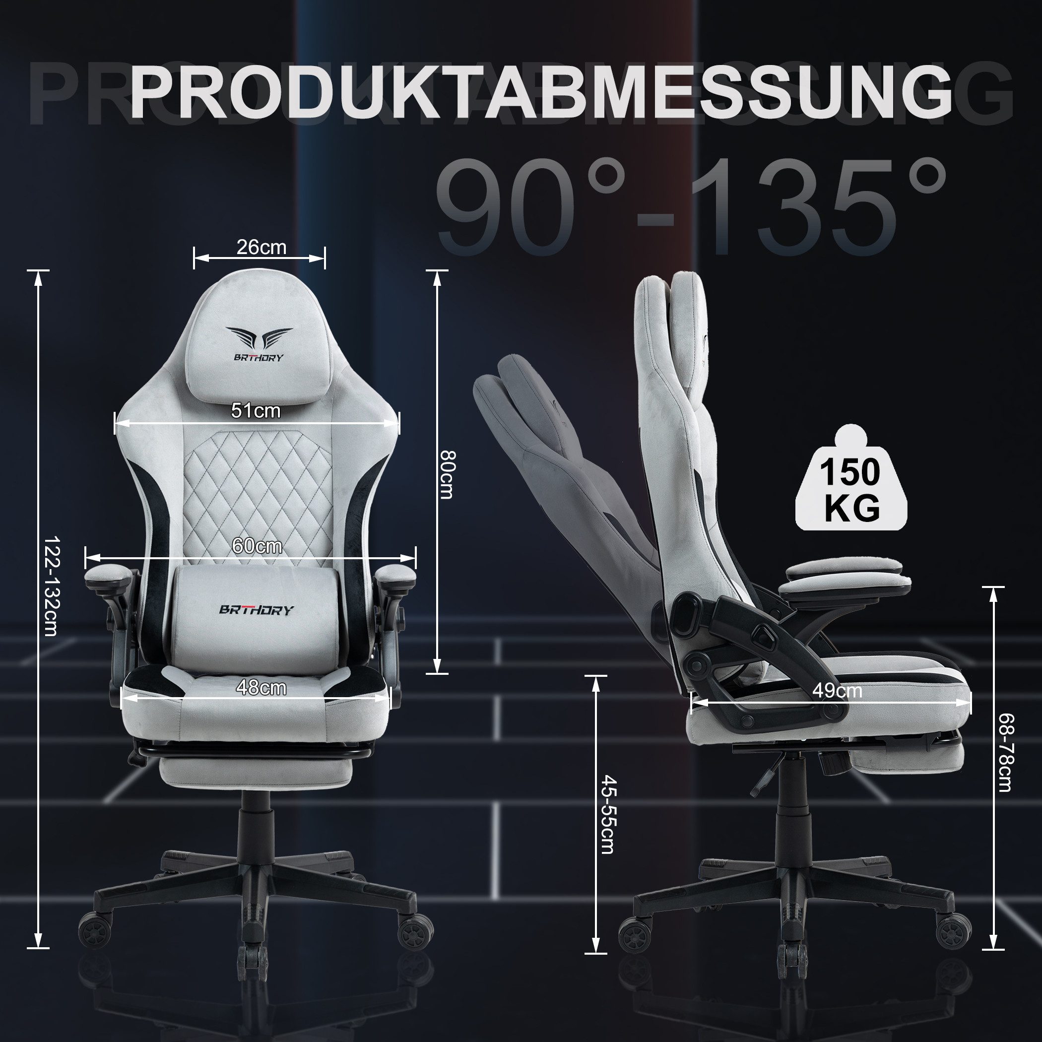 BRTHORY Gaming-Stuhl Rmit Verstellbare Kopfstütze Wippfunktion, 135°, Hellg günstig online kaufen