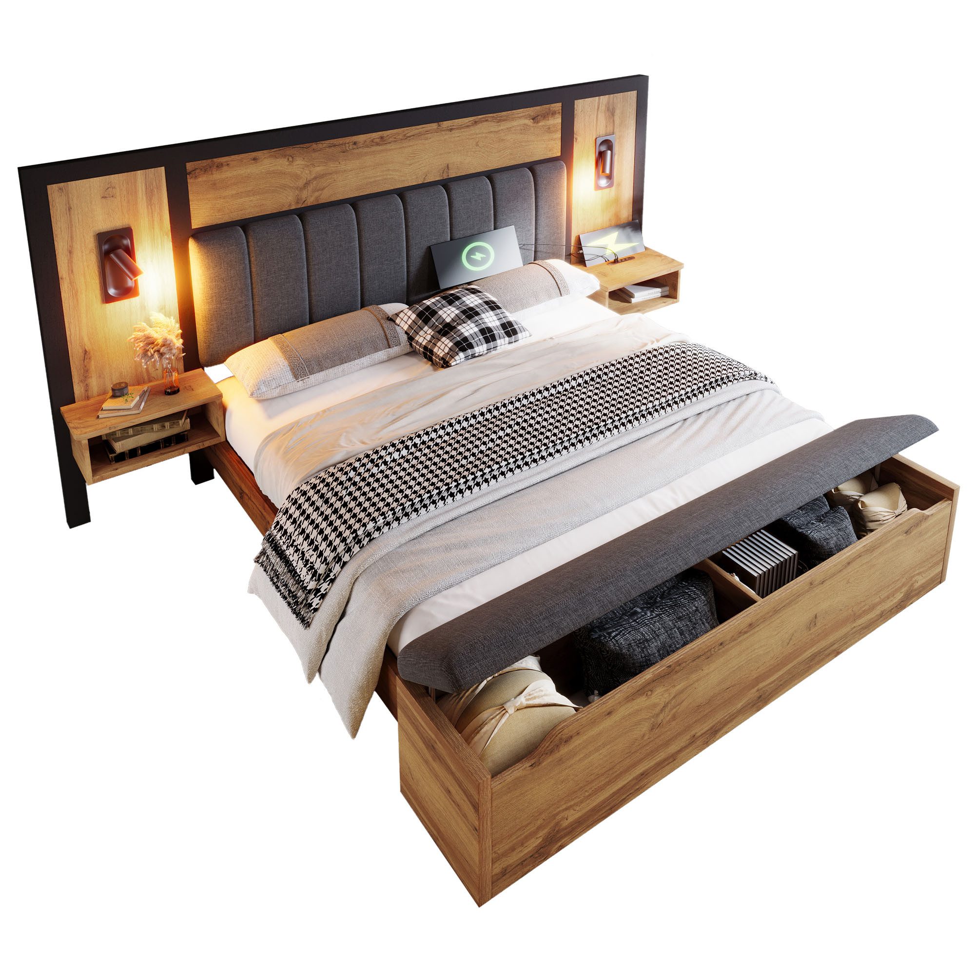 Polsterbett Doppelbett Bettanlage Nachttisch Sitzbank Stauraum Bettgestell160/180