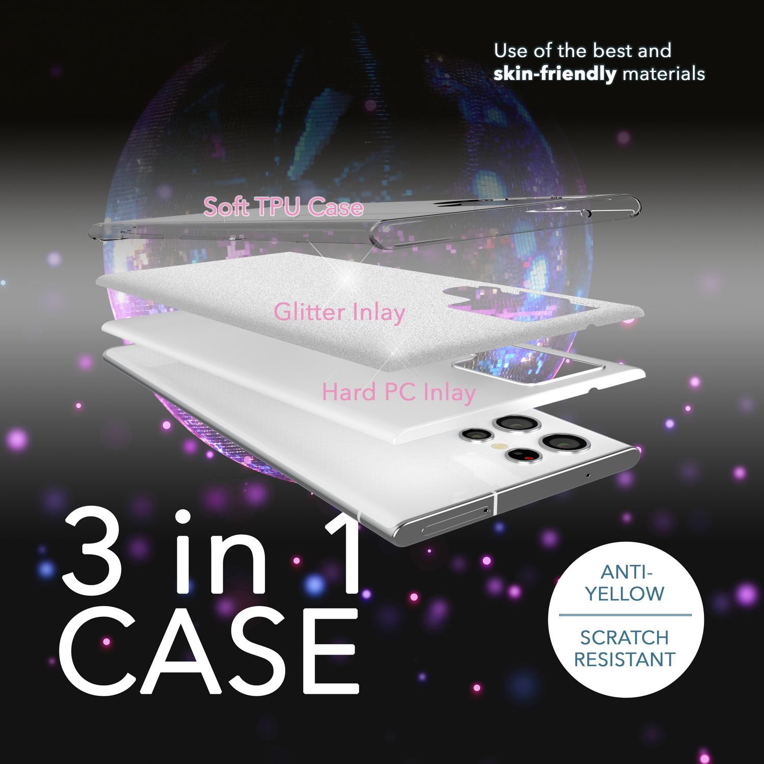 Nalia Smartphone-Hülle Samsung Galaxy S23 Ultra 17,3 cm (6,8 Zoll), Glitzer Silikon Hülle / 2x Displayschutz / Innen Verstärkt / Stoßfest