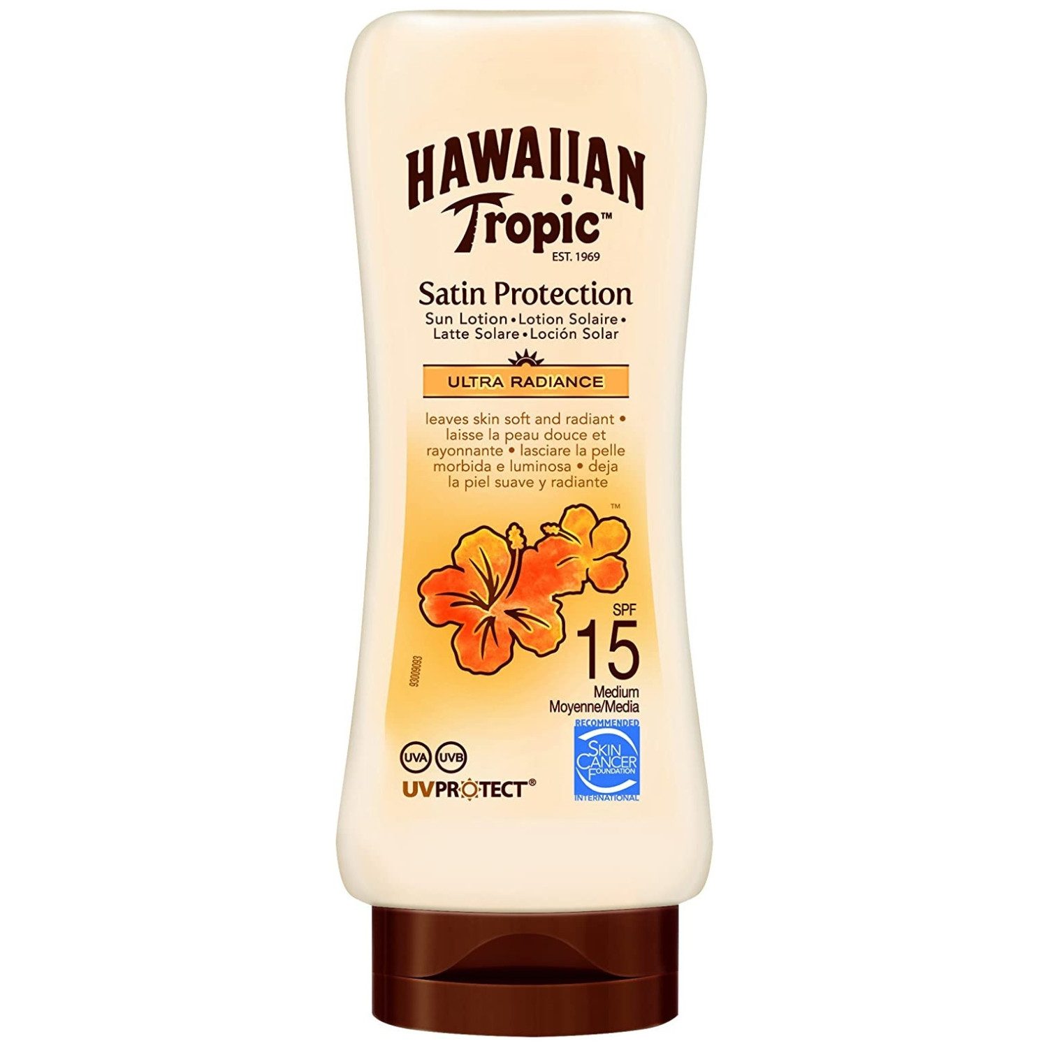 Hawaiian Tropic Sonnenschutzlotion Hawaiian Tropic Satin Protection SPF15 Sonnenschutz 180 ml, 1-tlg., Mit leichtem Schimmer und bis zu 80 Minuten wasserfest
