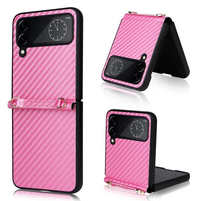 Wigento Handyhülle Für Samsung Galaxy Z Flip4 5G Kunstleder / Kunststoff Kohlefaser Struktur Handy Tasche Hülle Etuis Pink