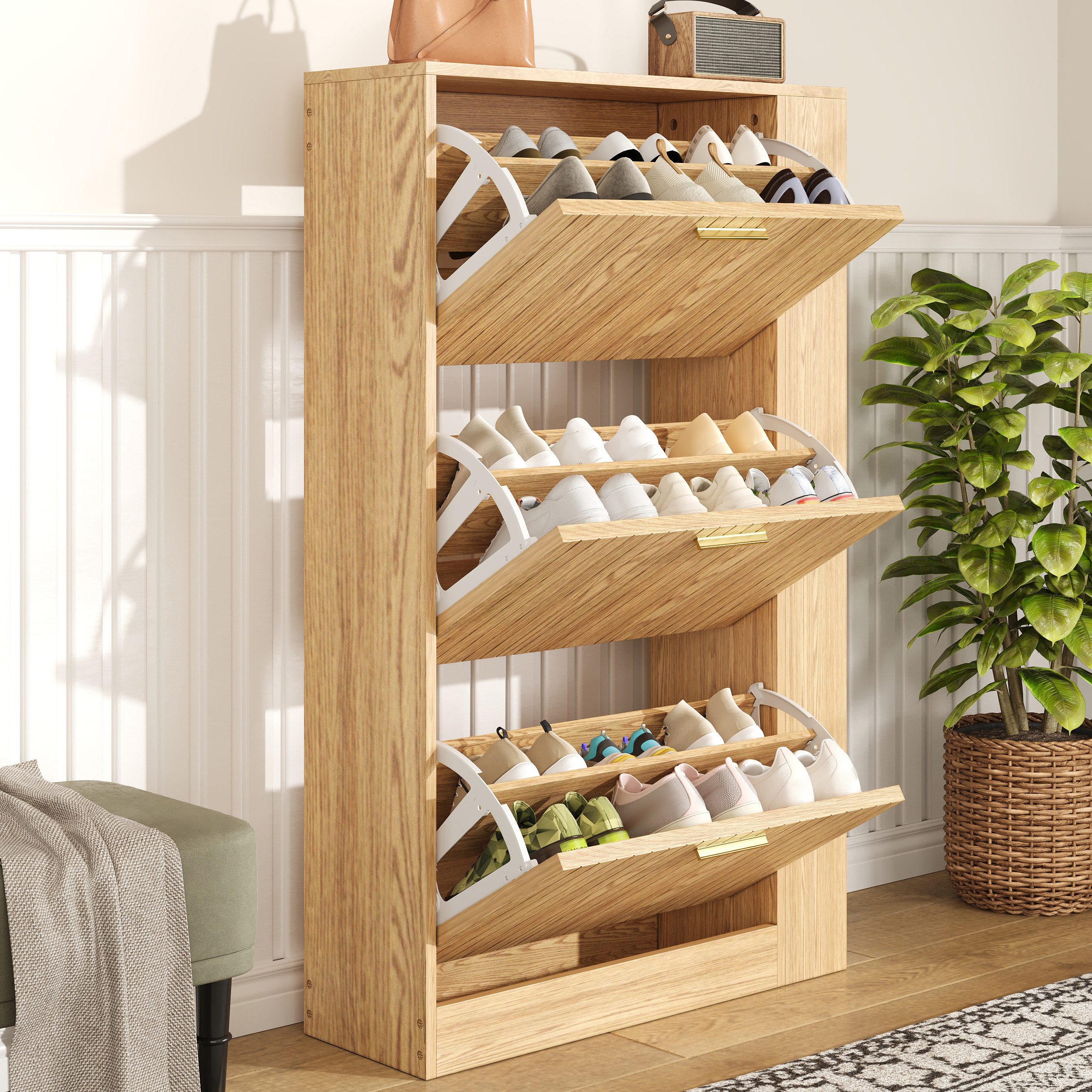 HAUSS SPOLE Schuhschrank mit Regalfächer,Schuhregal Hochschuhschrank für Eingangsbereich/Foyer (Packung, 1-St., Schuhschrank aus Holz, offene Regalfächer, stilvoll und praktisch) Geeignet für die Aufstellung im Eingangsbereich oder Foyer.