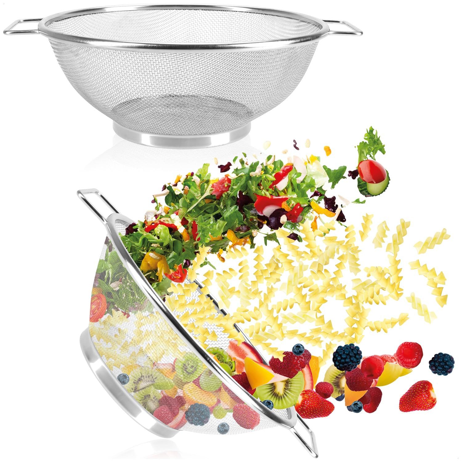 com-four Seiher Küchensiebe - Edelstahl Seiher in zwei Größen mit Griffen, (2-St), Feinmaschige Siebe zum Waschen & Abtropfen von Obst